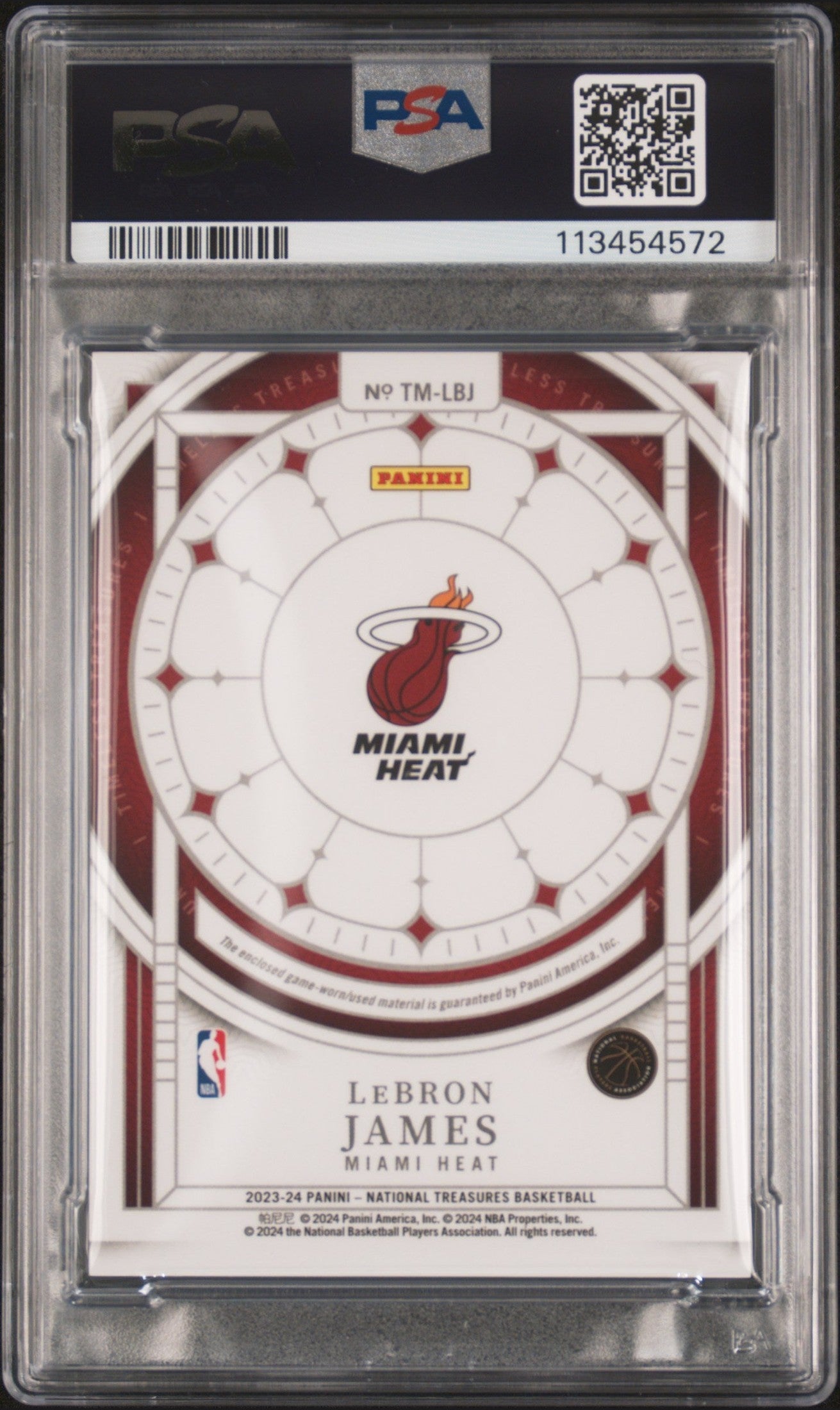 rear card 2023 PANINI NATIONAL TREASURES TIMELESS TREASURES MATERIALS LeBRON JAMES TMLSS TREAS MAT-SPR PRM 1/1 PSA NM-MT 8
