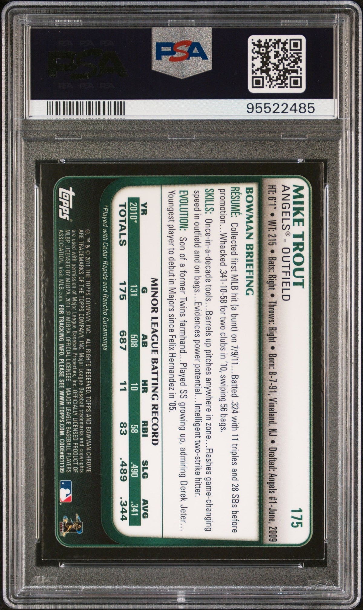 2011 BOWMAN CHROME #175 MIKE TROUT REFRACTOR PSA 8