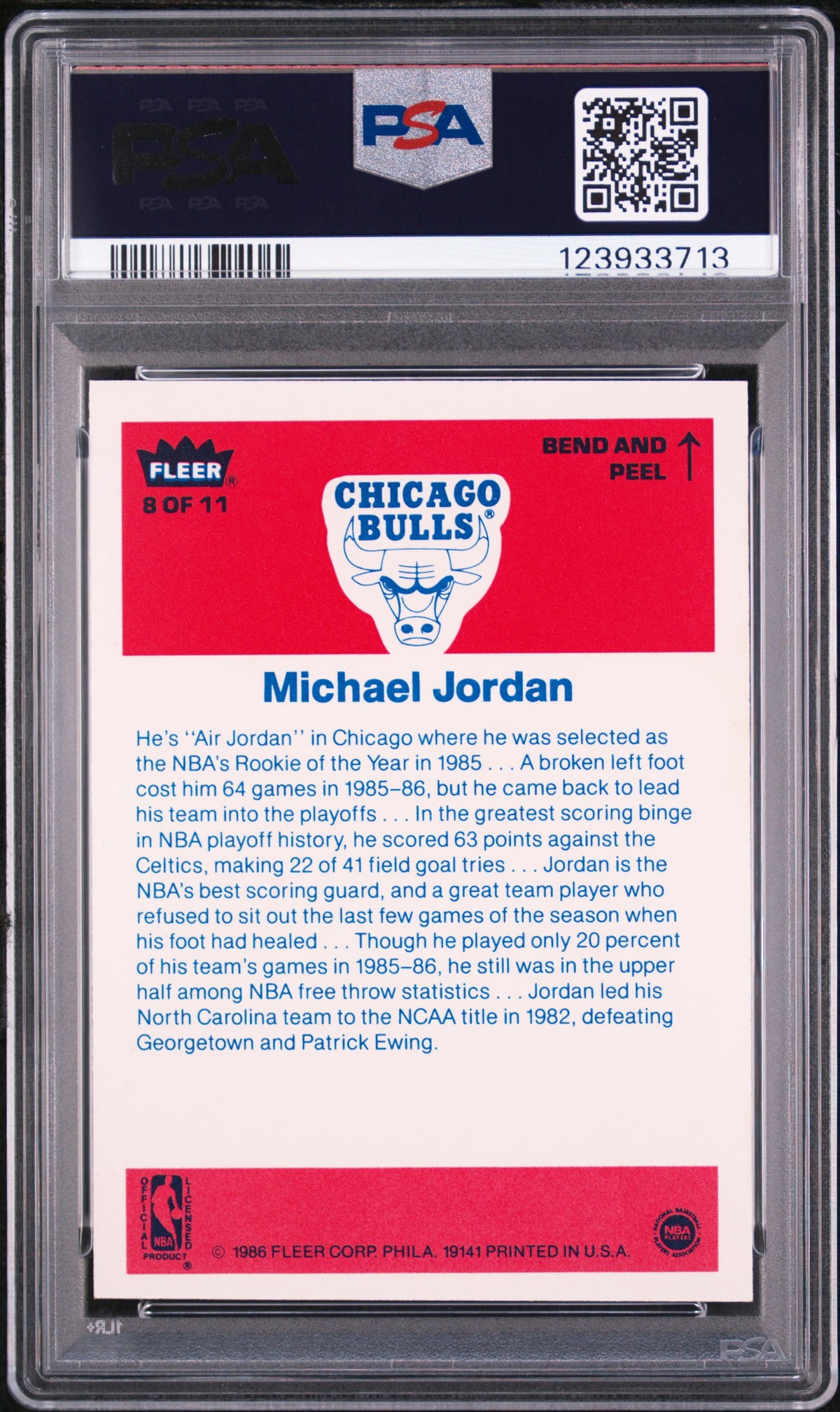 1986 FLEER STICKER #8 MICHAEL JORDAN PSA 7
