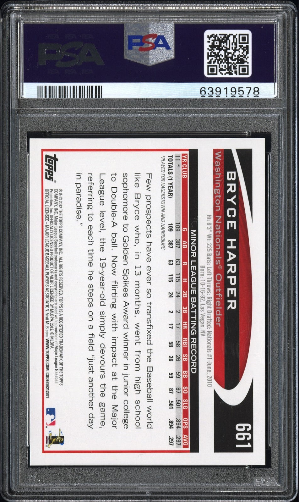 2012 Topps #661 Bryce Harper Autograph PSA 8