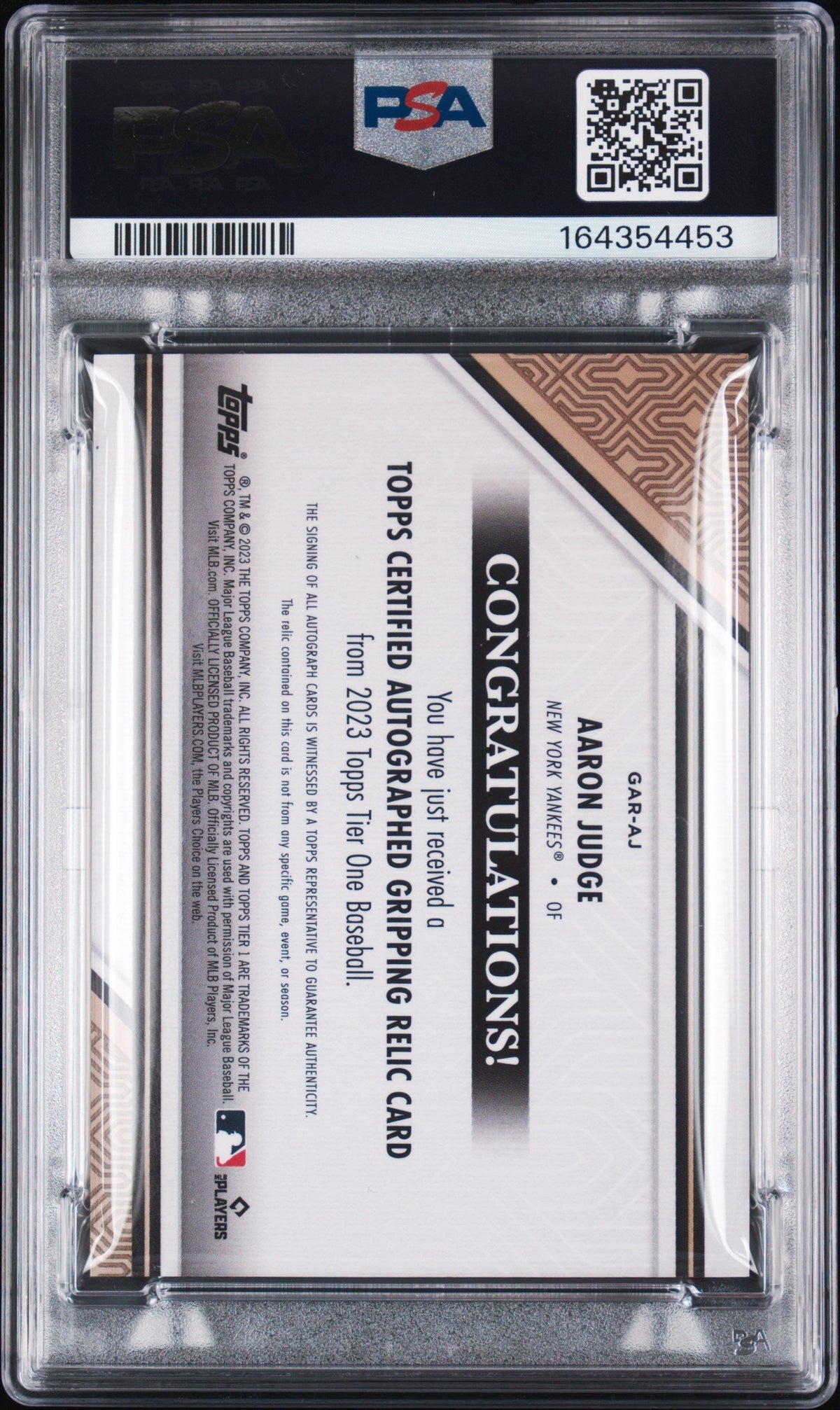 2023 Topps Tier One Gripping Autograph #GARAJ Aaron Judge Platinum 1/1 PSA 9