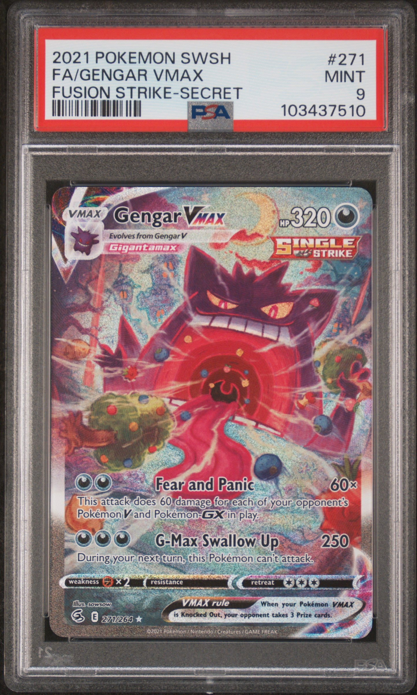 front card 2021 POKEMON SWORD & SHIELD FUSION STRIKE FA/GENGAR VMAX FUSION STRIKE-SECRET PSA MINT 9