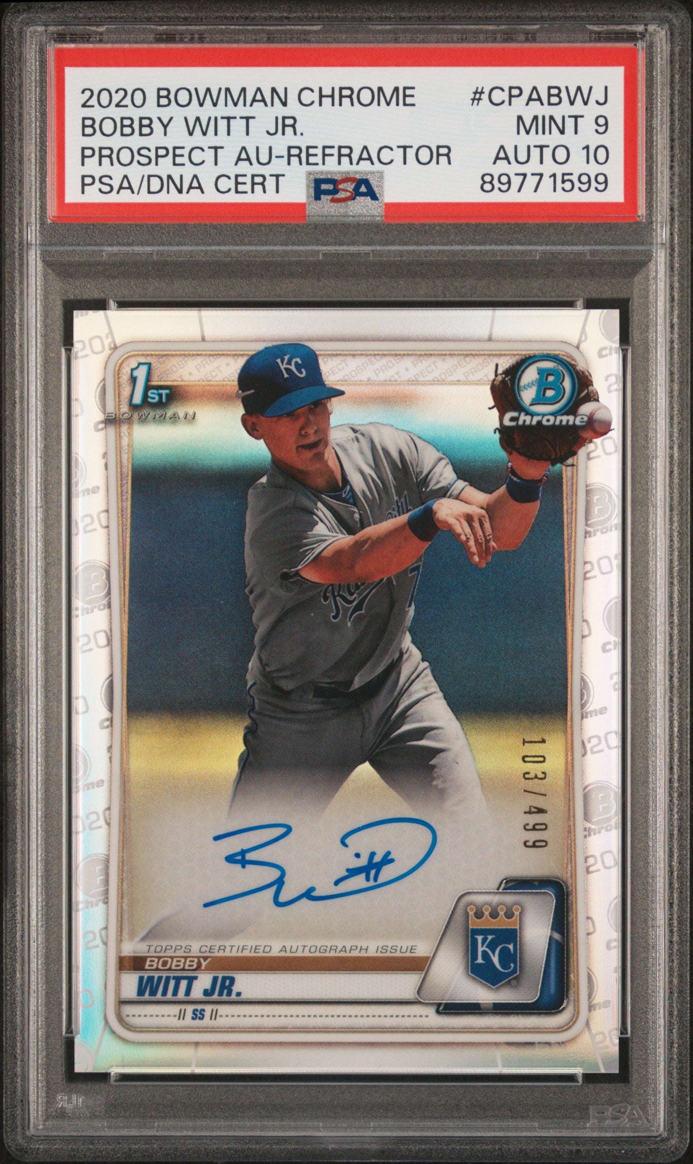 front card 2020 BOWMAN CHROME PROSPECT AUTOGRAPHS BOBBY WITT JR. PROSPECT AU-REFRACTOR PSA MINT 9