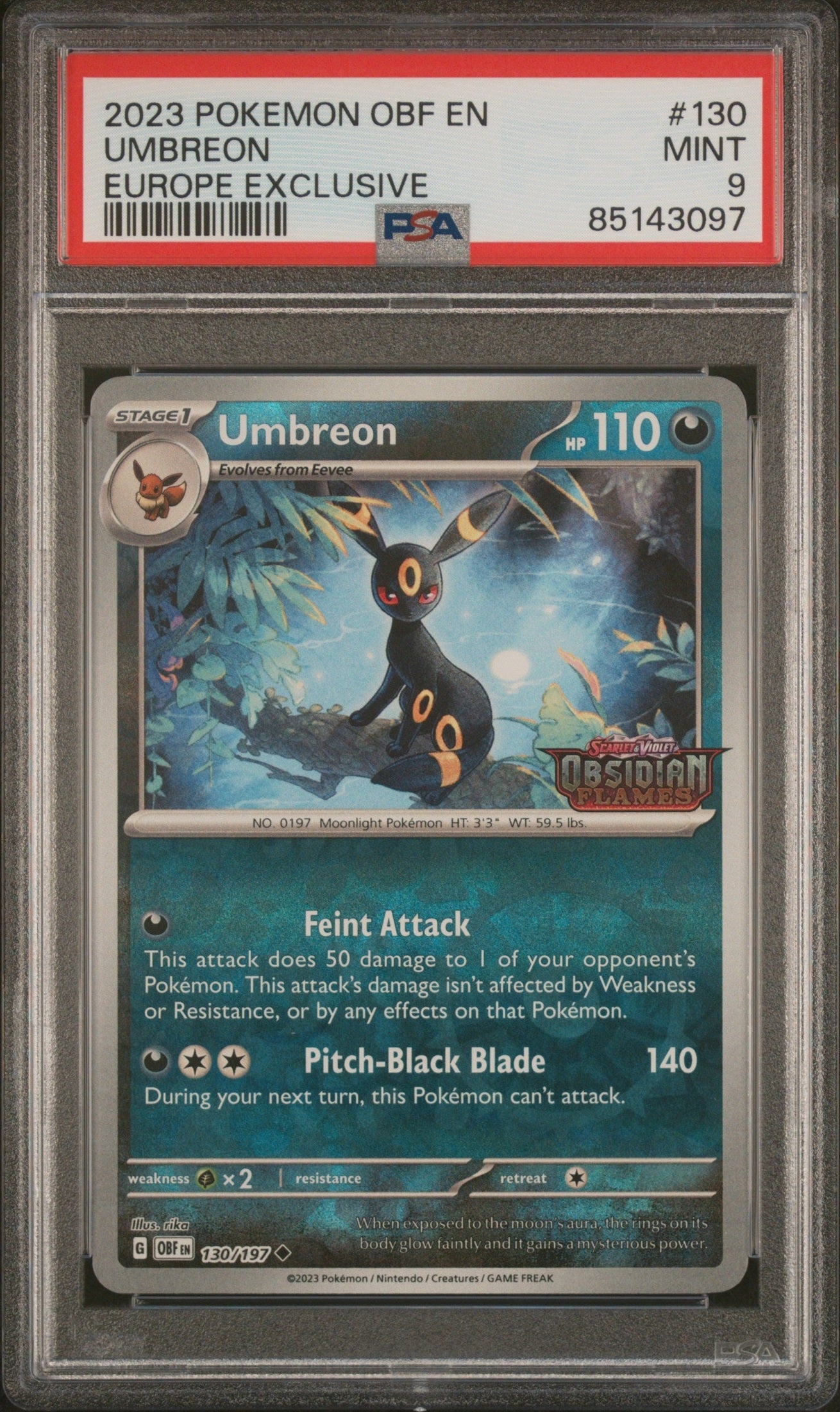 front card 2023 POKEMON OBF EN-OBSIDIAN FLAMES UMBREON EUROPE EXCLUSIVE PSA MINT 9