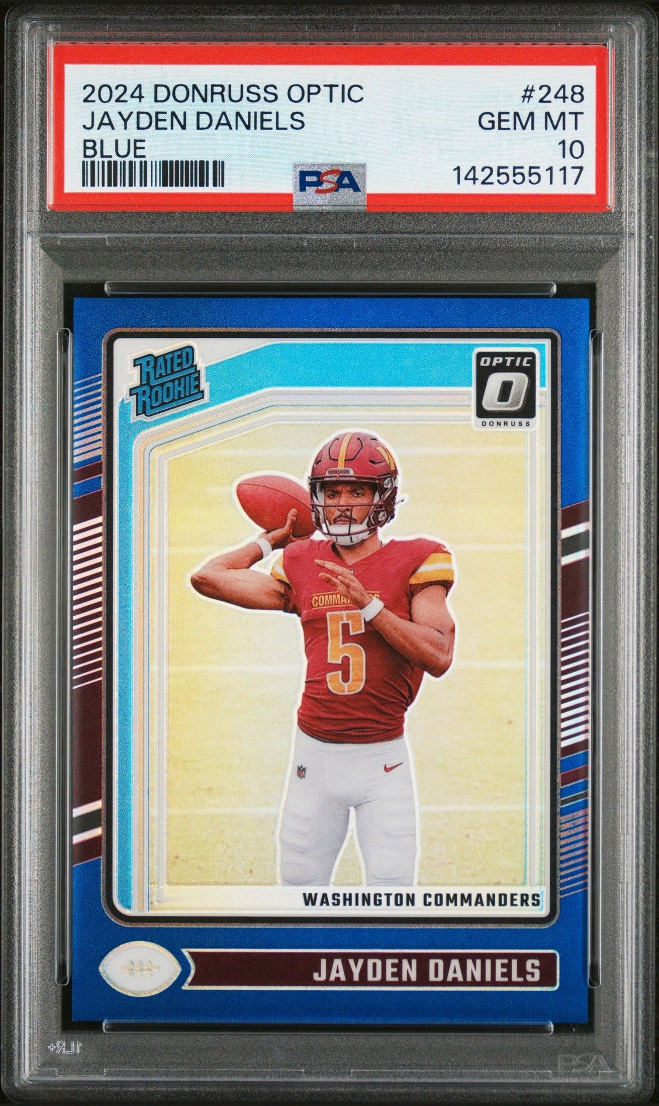 front card 2024 PANINI DONRUSS OPTIC JAYDEN DANIELS BLUE PSA GEM MT 10