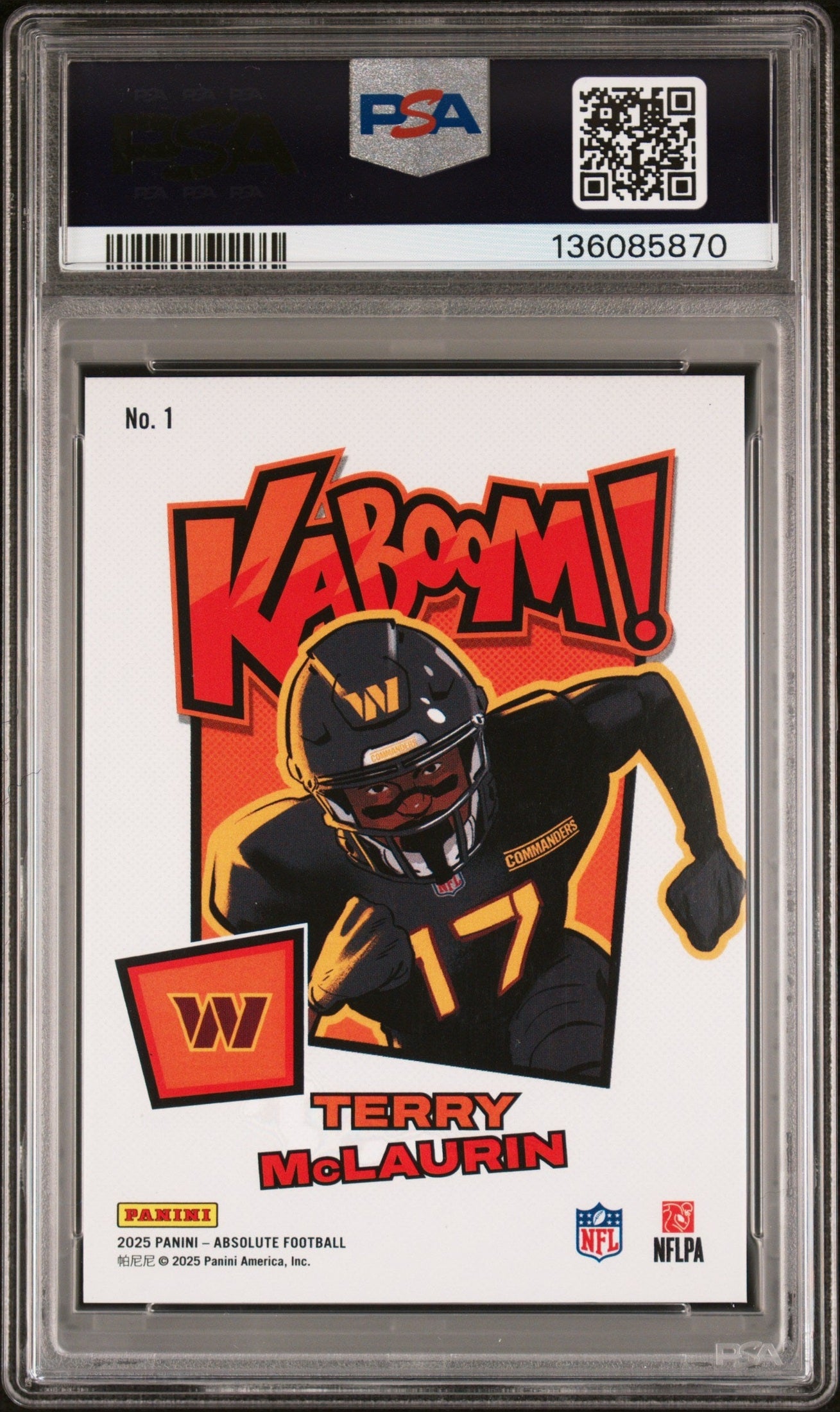 rear card 2025 PANINI ABSOLUTE KABOOM! VERTICAL TERRY McLAURIN KABOOM! VERTICAL-GOLD PSA NM-MT 8