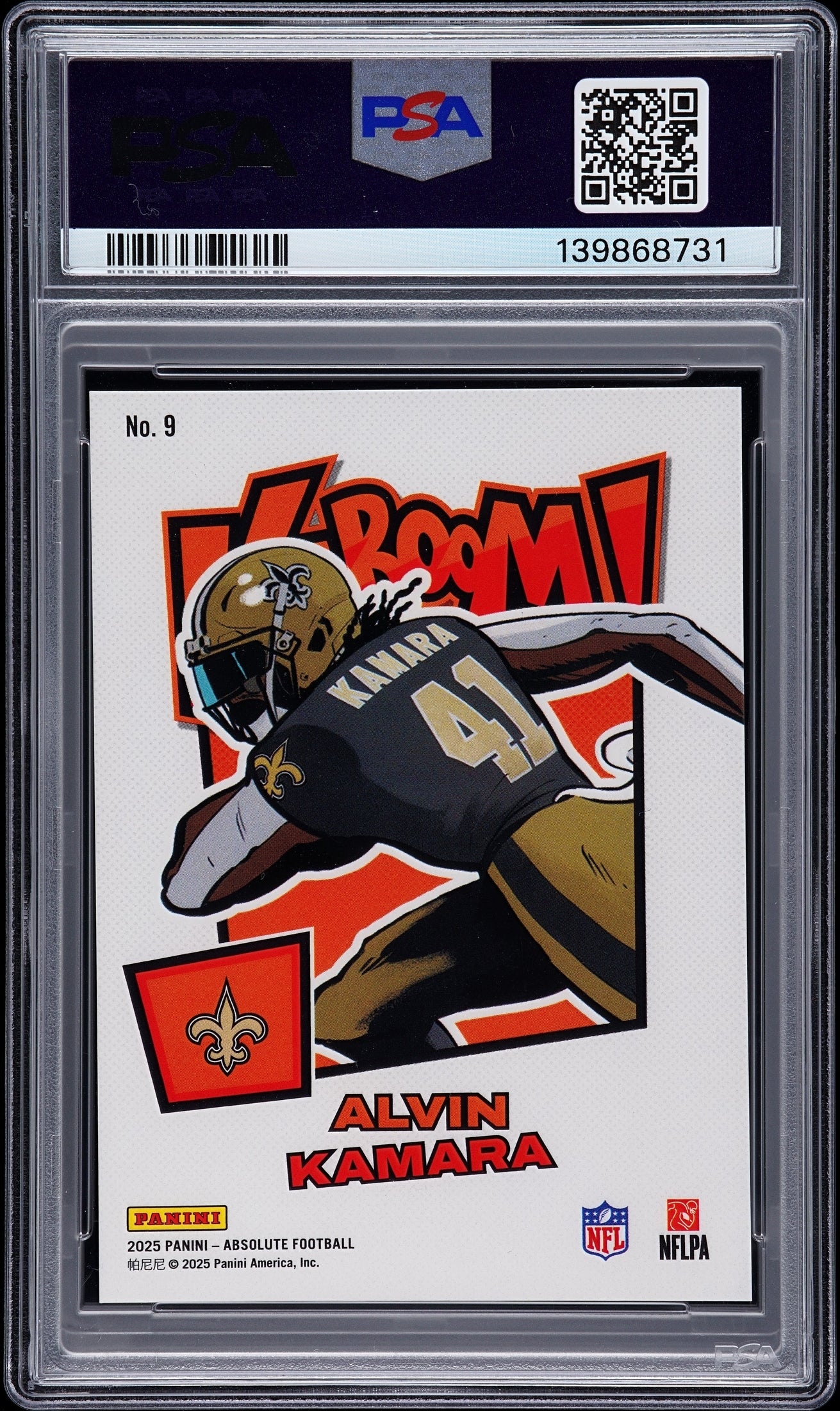 rear card 2025 PANINI ABSOLUTE KABOOM! HORIZONTAL ALVIN KAMARA KABOOM! HORIZONTAL-PURPLE PSA GEM MT 10