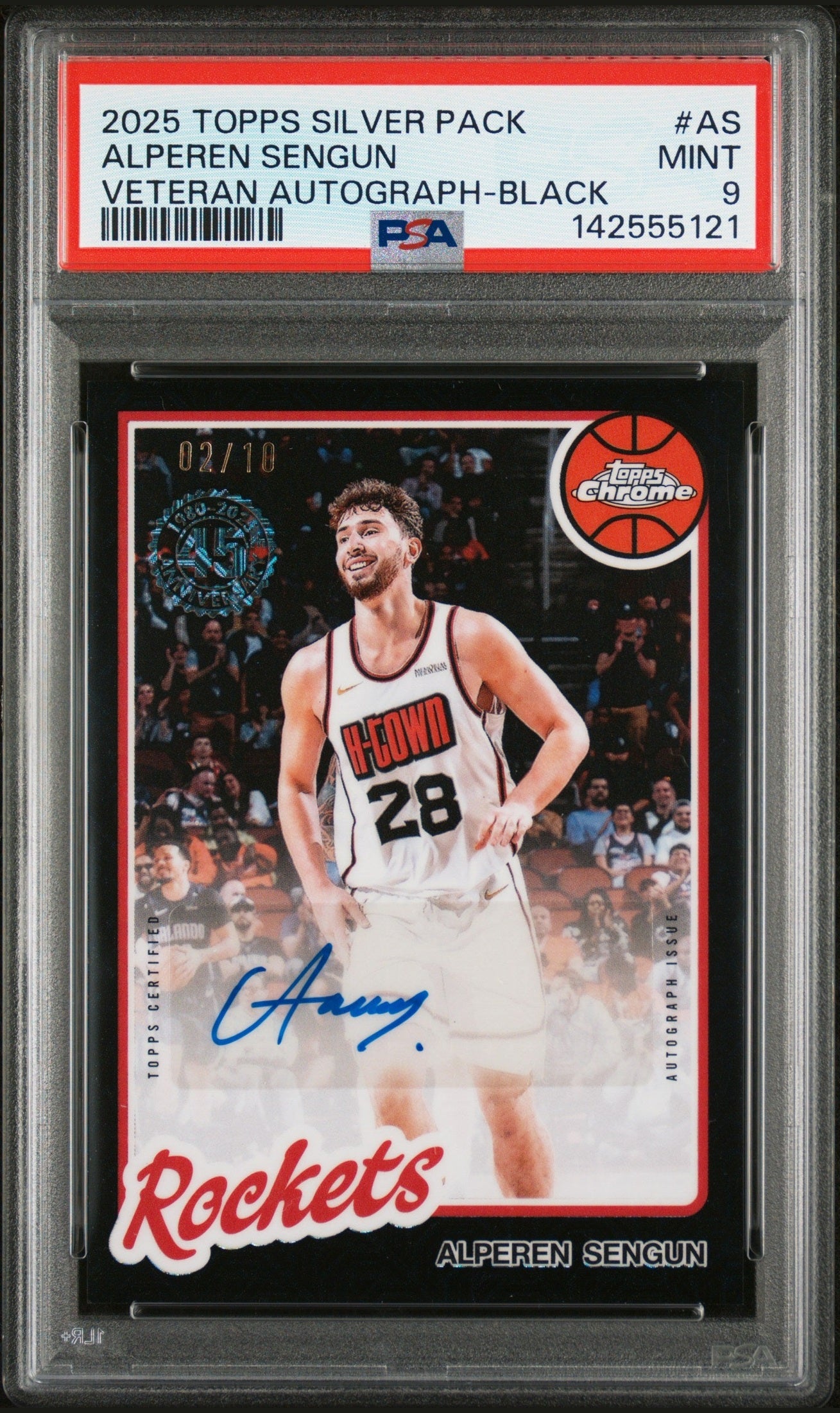 front card 2025 TOPPS SILVER PACK 1980-81 TOPPS CHROME BASKETBALL VETERAN AUTOGRAPHS ALPEREN SENGUN VETERAN AUTOGRAPH-BLACK PSA MINT 9