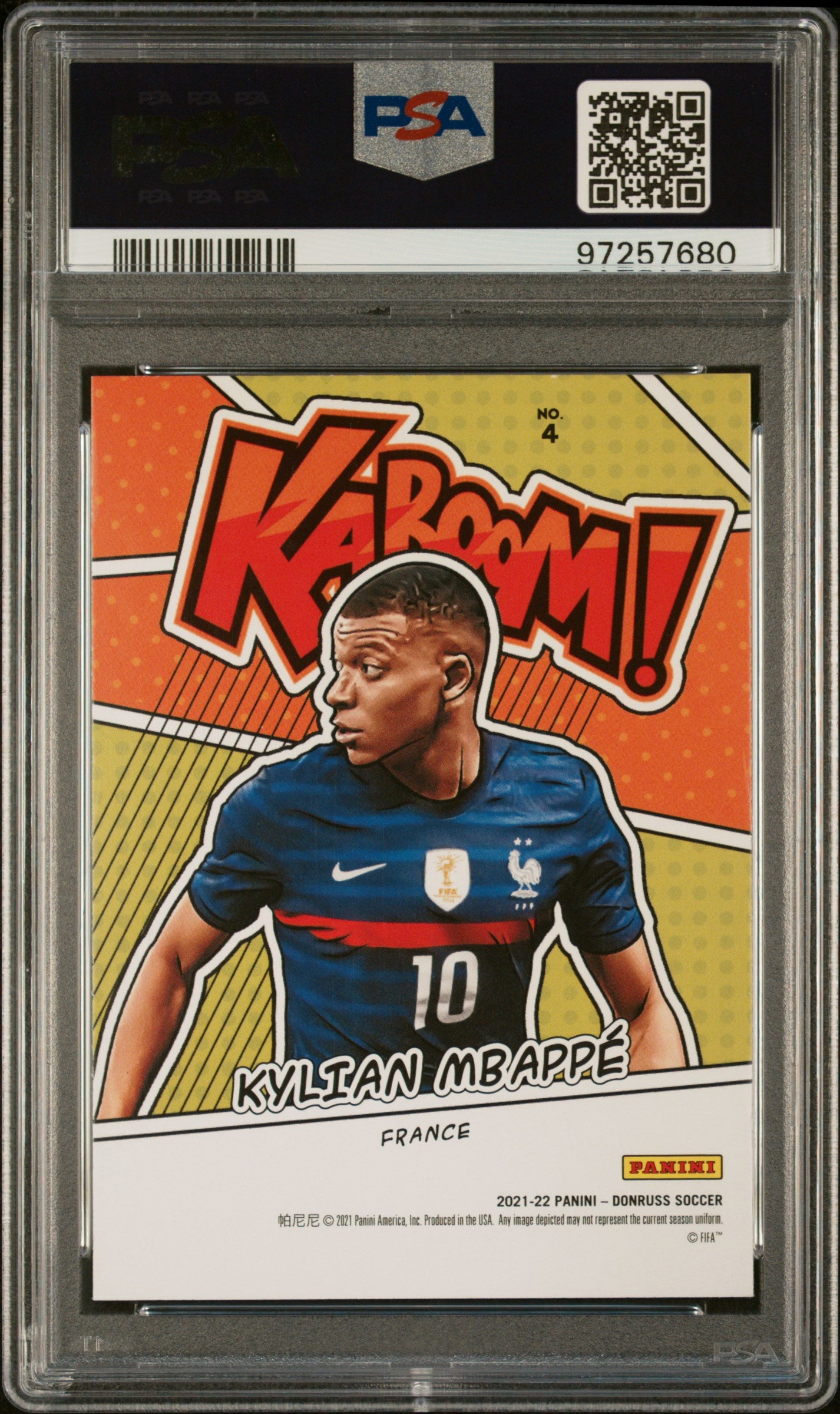 rear card 2021 PANINI DONRUSS ROAD TO QATAR KABOOM! KYLIAN MBAPPE KABOOM! PSA MINT 9