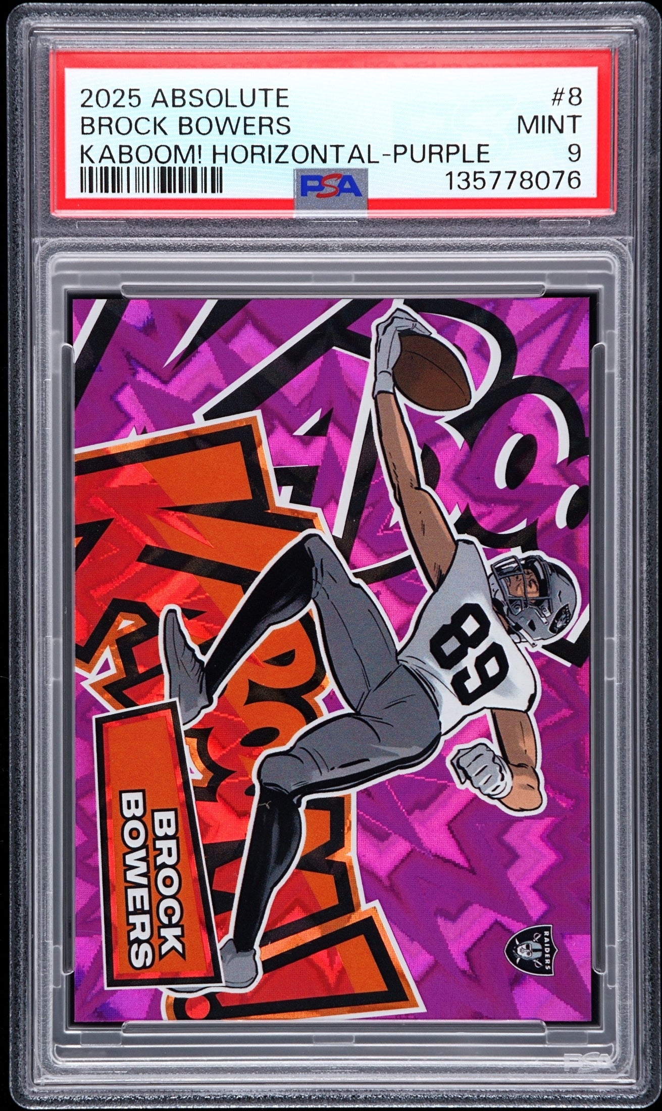 front card 2025 PANINI ABSOLUTE KABOOM! HORIZONTAL BROCK BOWERS KABOOM! HORIZONTAL-PURPLE PSA MINT 9