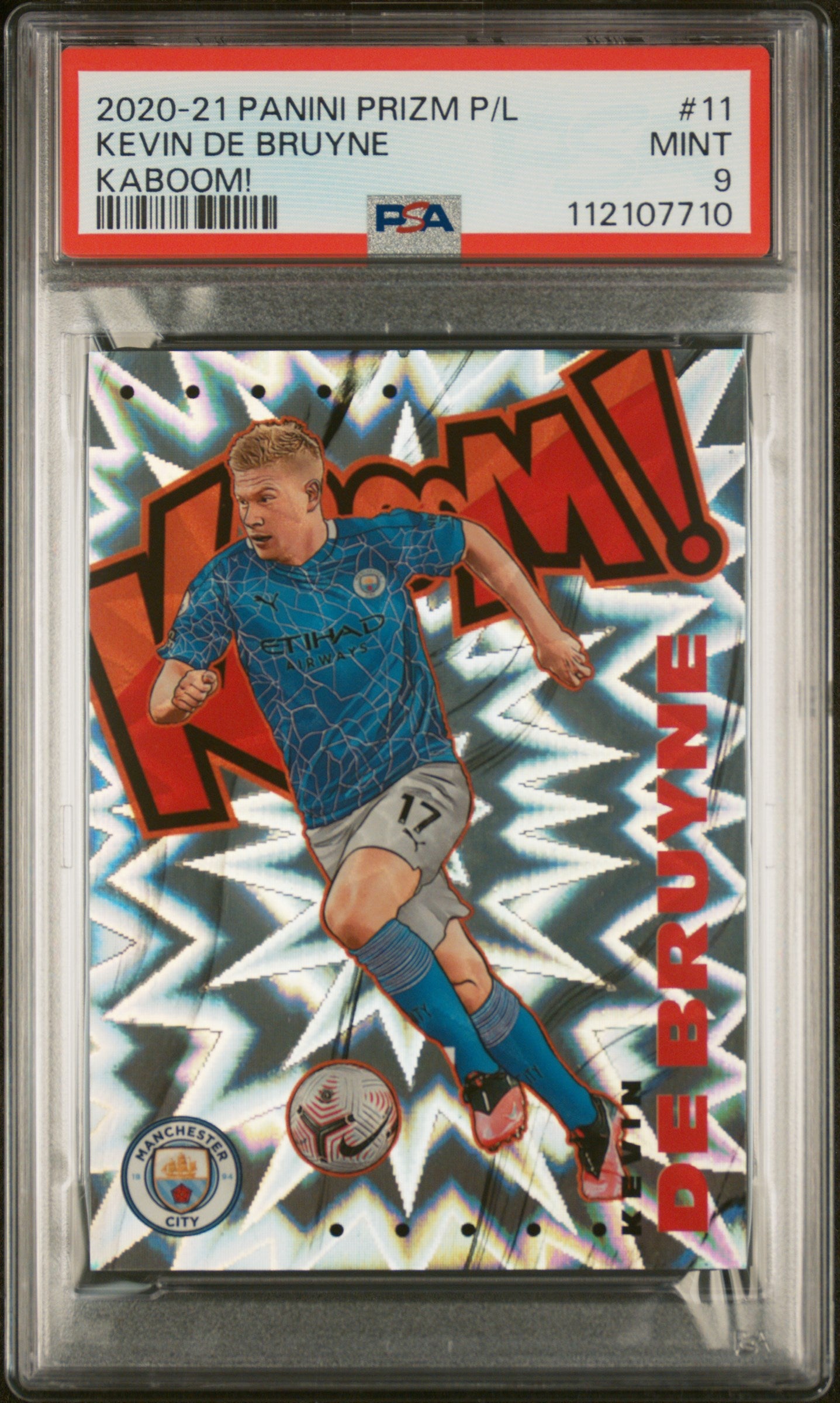 front card 2020 PANINI PRIZM PREMIER LEAGUE KABOOM! KEVIN DE BRUYNE KABOOM! PSA MINT 9