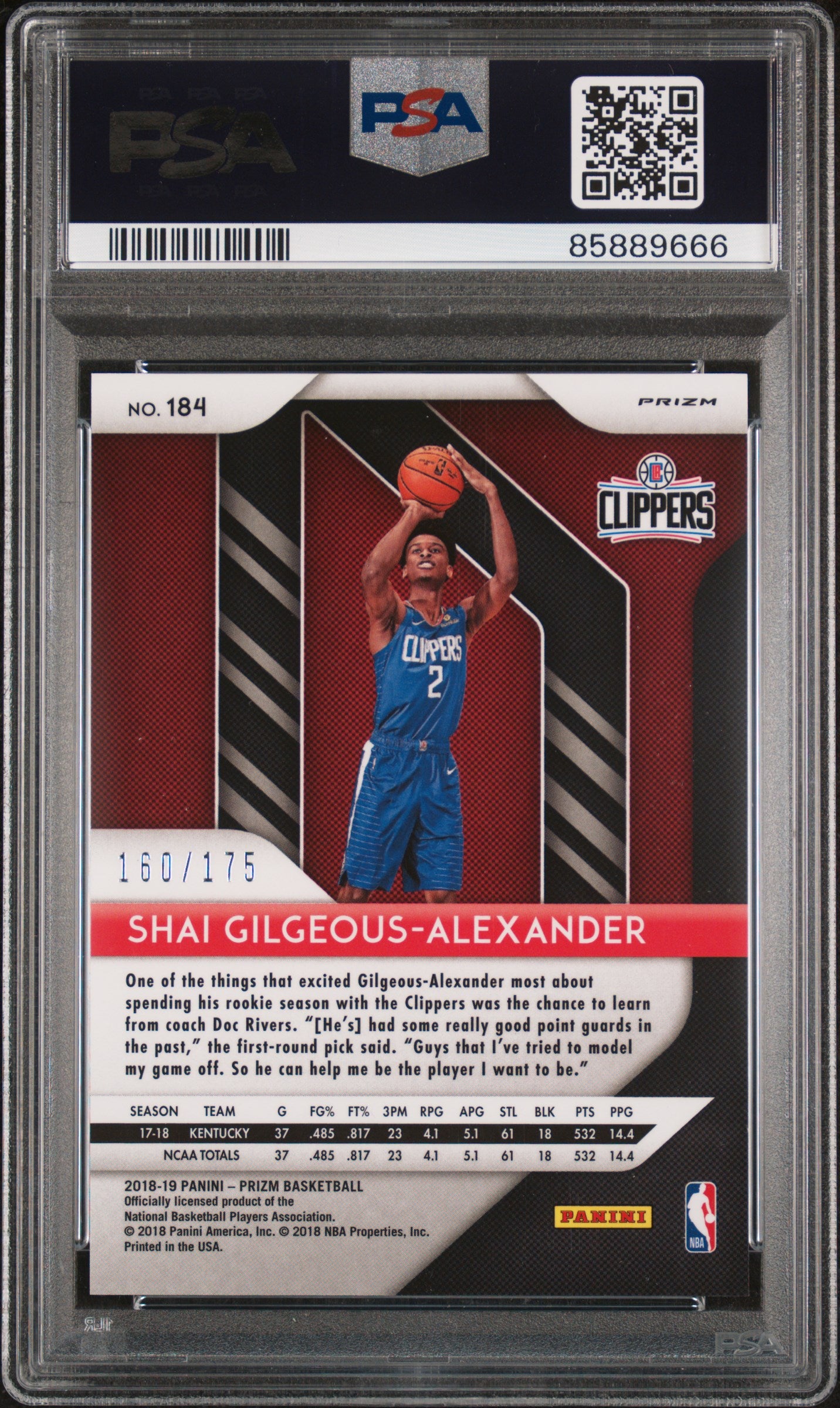 rear card 2018 PANINI PRIZM S.GILGEOUS-ALEXANDER FAST BREAK PRIZM-BLUE PSA GEM MT 10