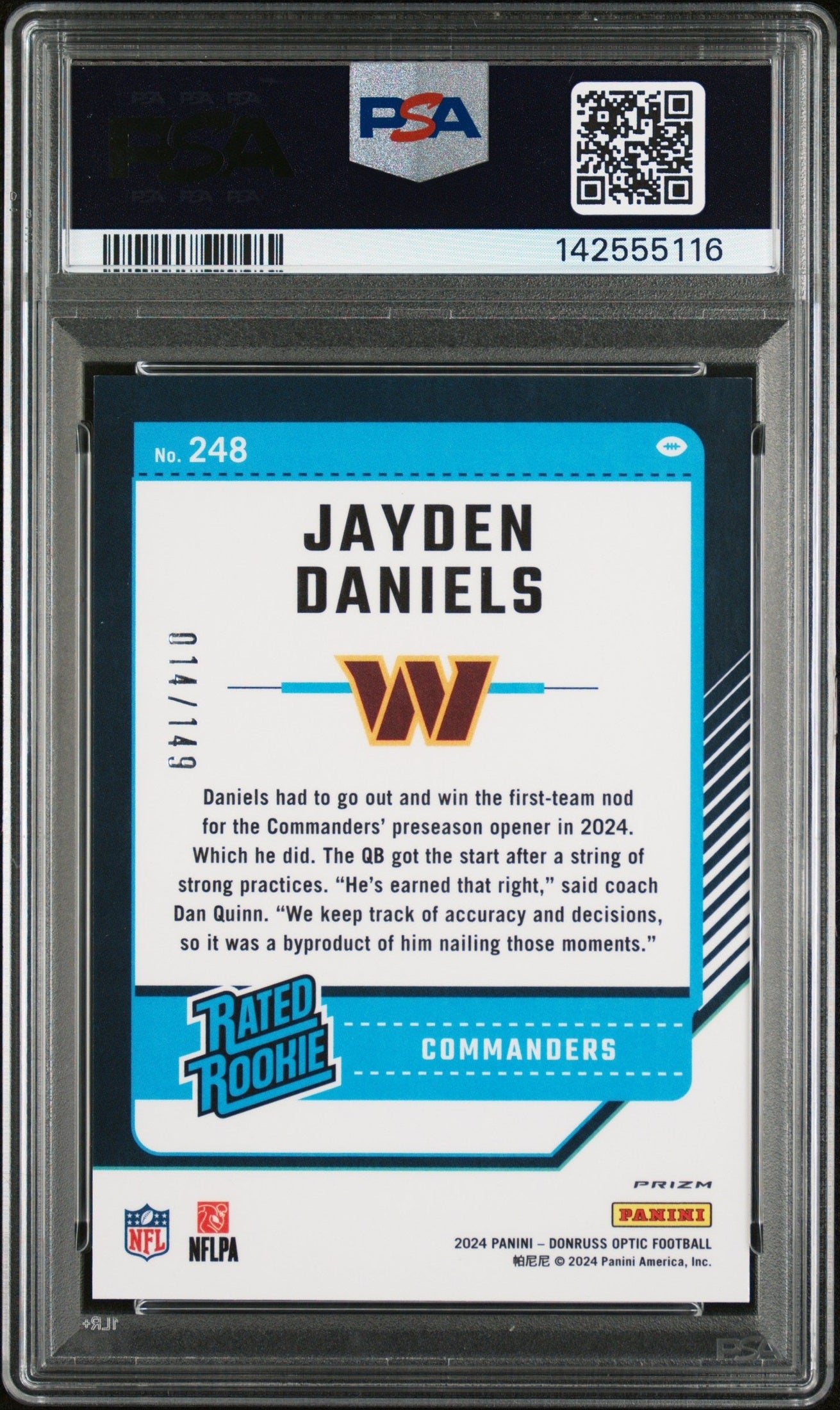 rear card 2024 PANINI DONRUSS OPTIC JAYDEN DANIELS FLEX PSA MINT 9