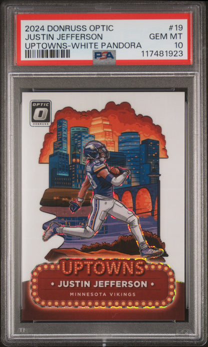 front card 2024 PANINI DONRUSS OPTIC UPTOWNS JUSTIN JEFFERSON UPTOWNS-WHITE PANDORA PSA GEM MT 10 