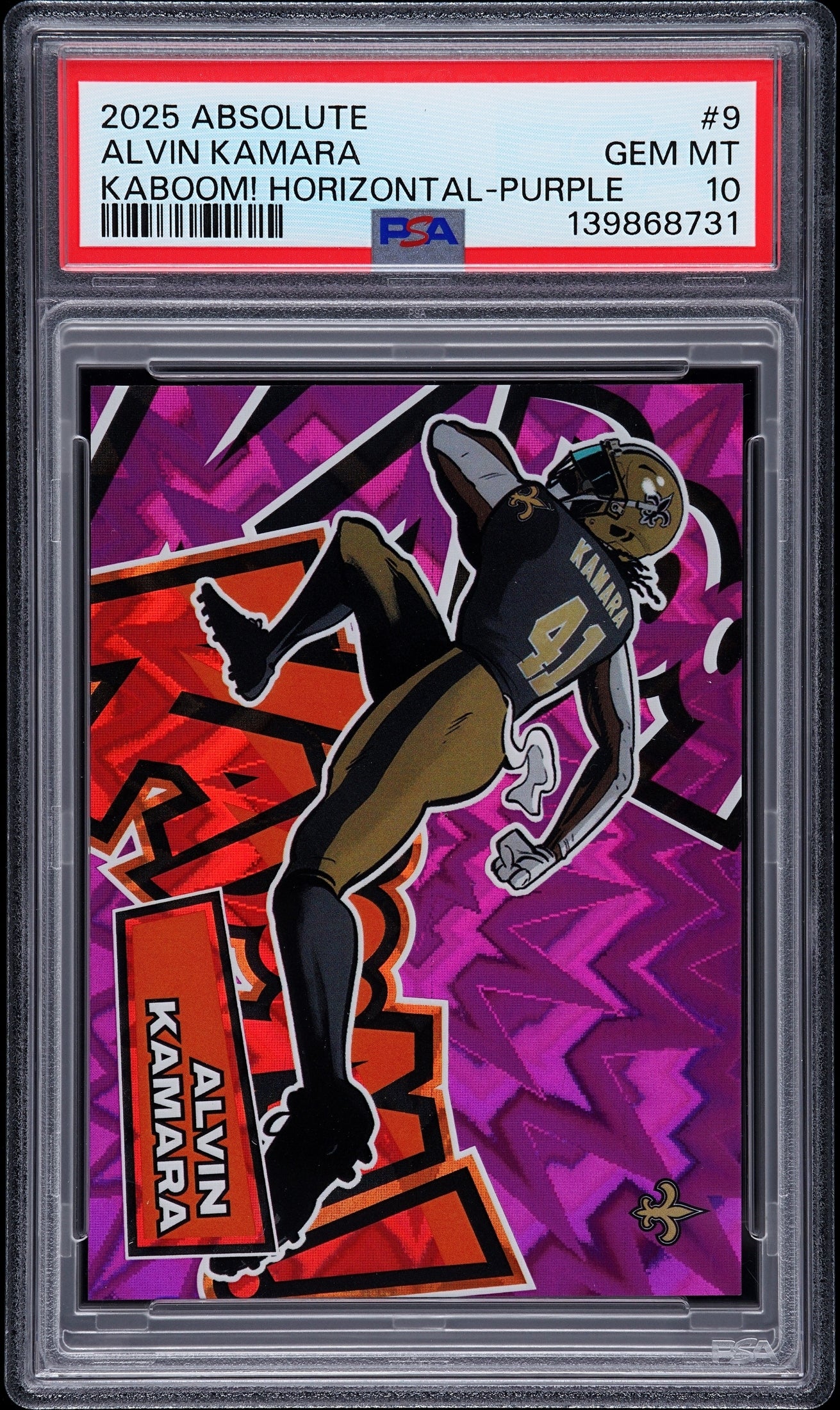 front card 2025 PANINI ABSOLUTE KABOOM! HORIZONTAL ALVIN KAMARA KABOOM! HORIZONTAL-PURPLE PSA GEM MT 10 
