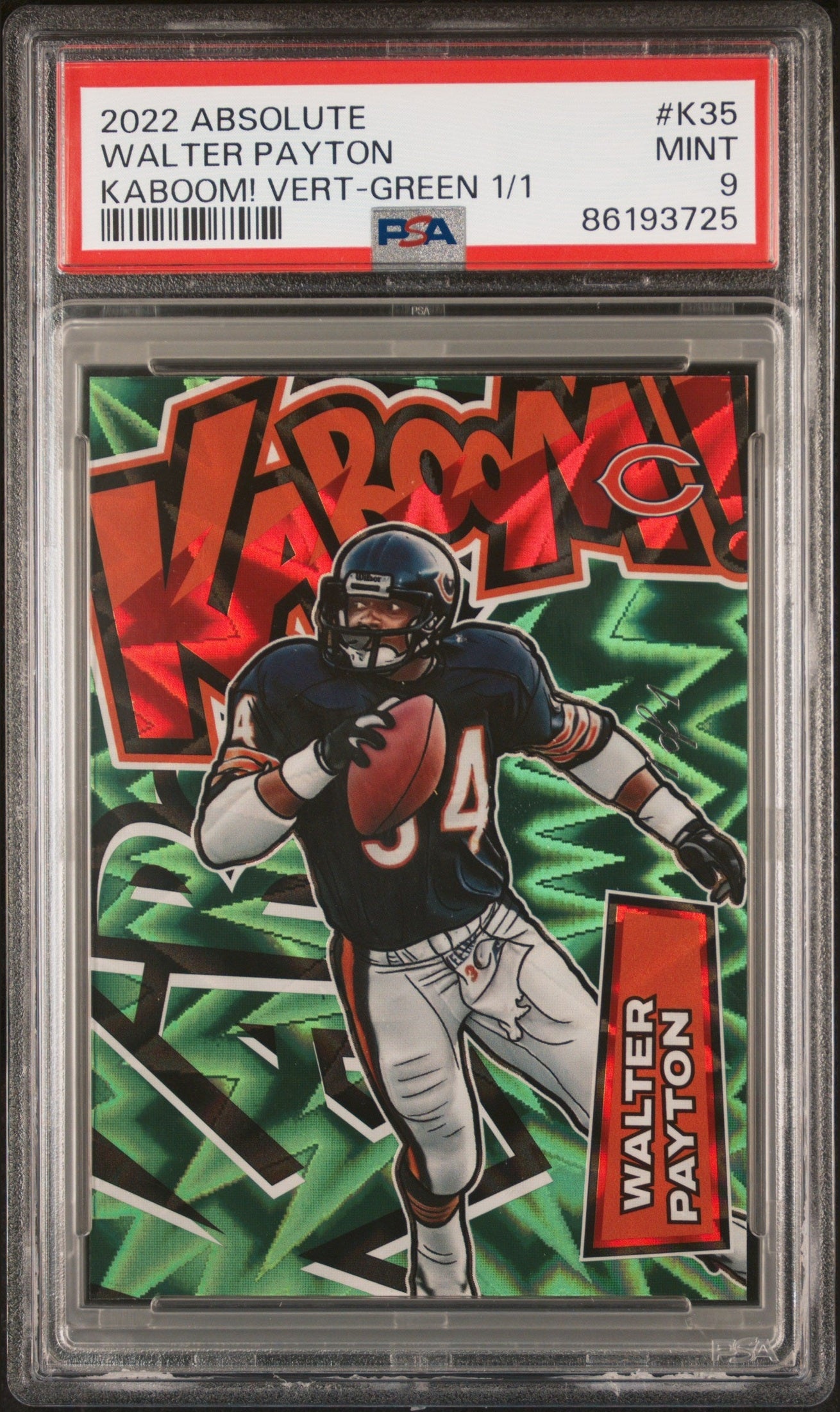 front card 2022 PANINI ABSOLUTE KABOOM! VERTICAL WALTER PAYTON KABOOM! VERT-GREEN 1/1 PSA MINT 9 