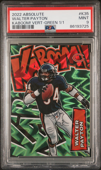 front card 2022 PANINI ABSOLUTE KABOOM! VERTICAL WALTER PAYTON KABOOM! VERT-GREEN 1/1 PSA MINT 9 