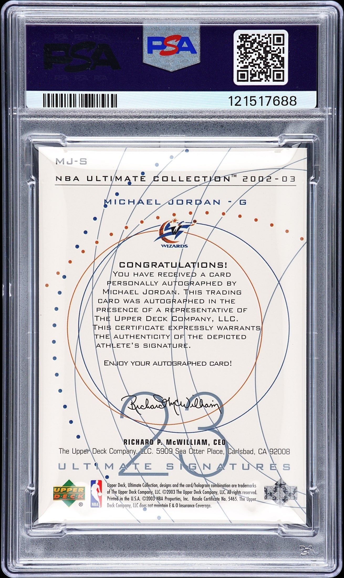 rear card 2002 ULTIMATE COLLECTION ULTIMATE SIGNATURES MICHAEL JORDAN ULTIMATE SIGNATURE PSA GEM MT 10 