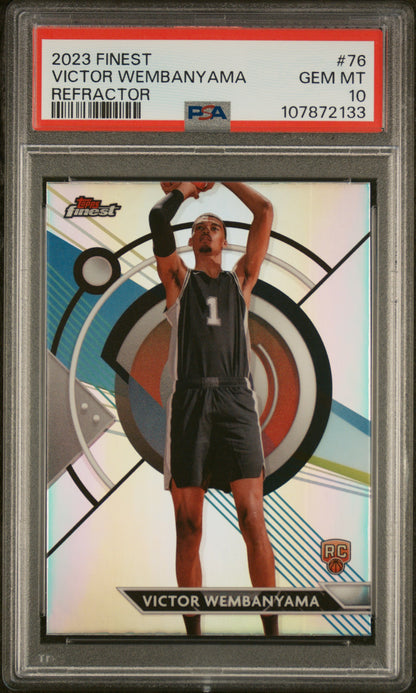 front card 2023 TOPPS FINEST VICTOR WEMBANYAMA REFRACTOR PSA GEM MT 10 