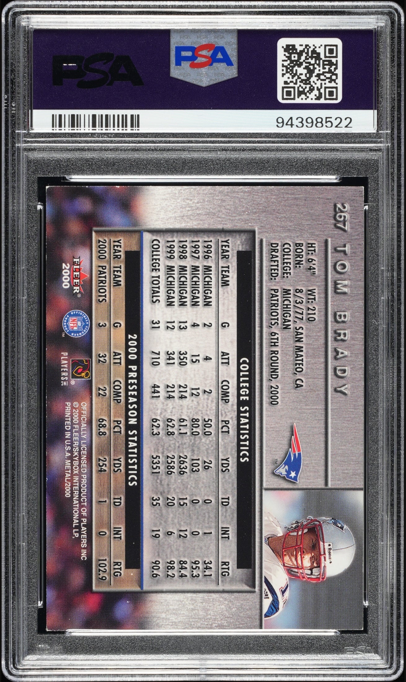 rear card 2000 METAL TOM BRADY TB12 COLLECTION PSA AUTHENTIC 