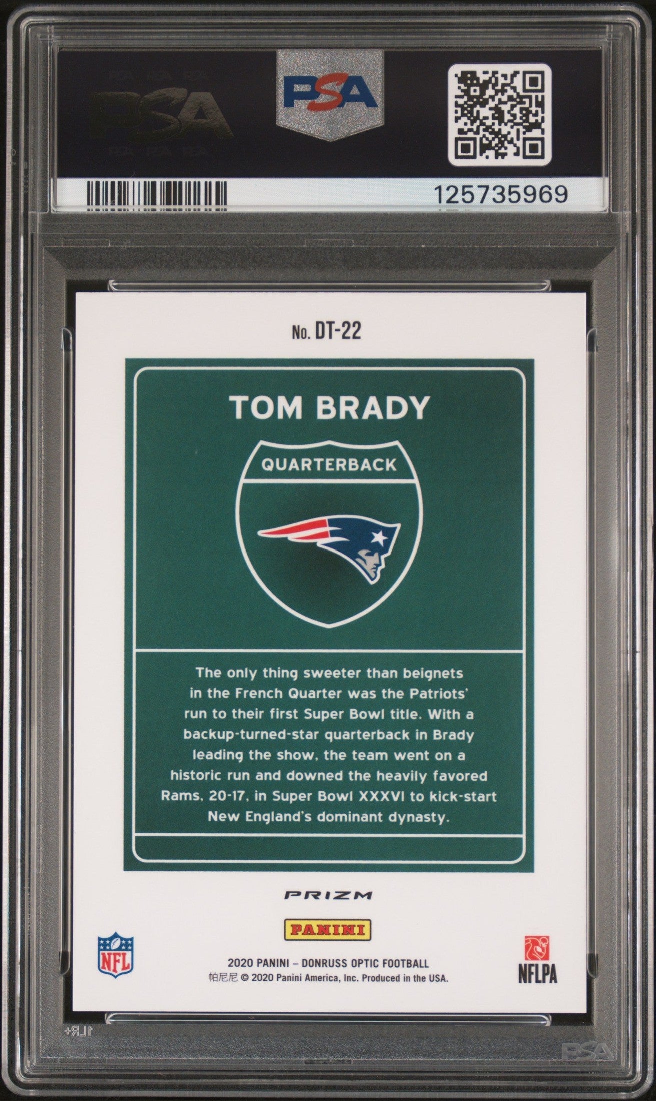 rear card 2020 PANINI DONRUSS OPTIC DOWNTOWN TOM BRADY DOWNTOWN PSA GEM MT 10 