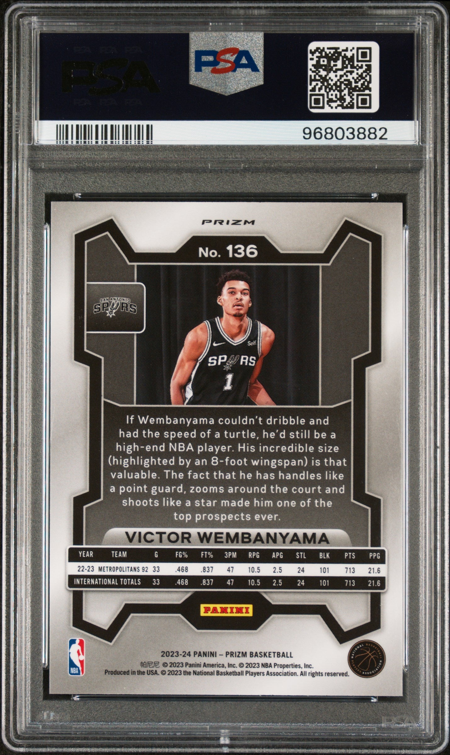 rear card 2023 PANINI PRIZM VICTOR WEMBANYAMA SILVER PRIZM PSA GEM MT 10 