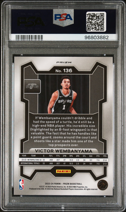 rear card 2023 PANINI PRIZM VICTOR WEMBANYAMA SILVER PRIZM PSA GEM MT 10 