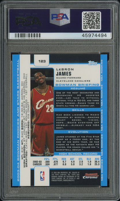 rear card 2003 BOWMAN ROOKIES & STARS LeBRON JAMES CHROME PSA GEM MT 10 