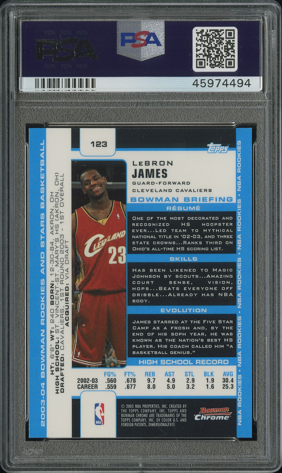 rear card 2003 BOWMAN ROOKIES & STARS LeBRON JAMES CHROME PSA GEM MT 10 