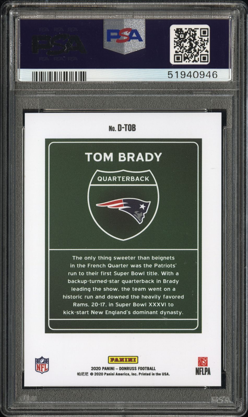 rear card 2020 PANINI DONRUSS DOWNTOWN TOM BRADY DOWNTOWN PSA MINT 9 