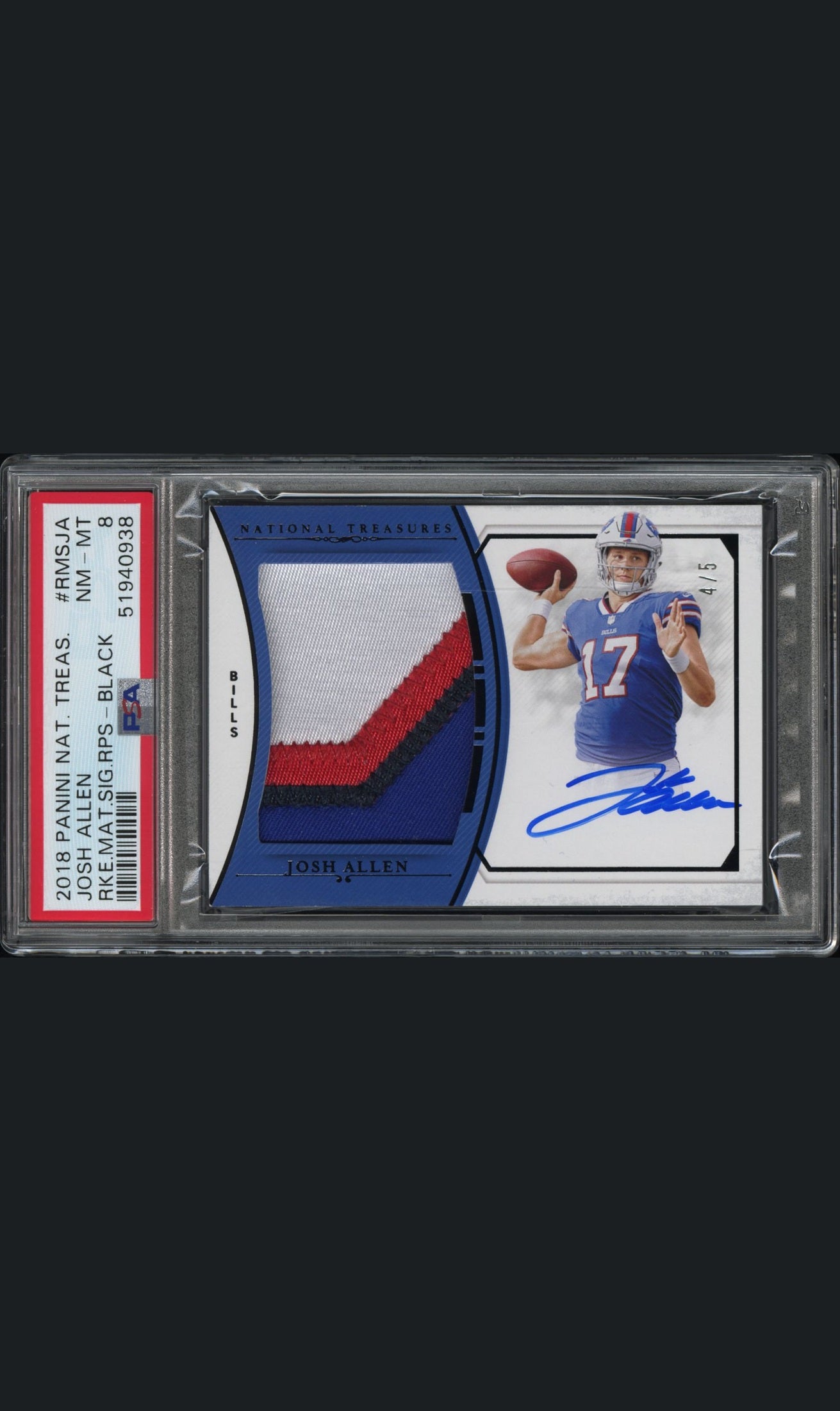 front card 2018 PANINI NATIONAL TREASURES ROOKIE MATERIAL SIGNATURES RPS JOSH ALLEN RKE.MAT.SIG.RPS-BLACK PSA NM-MT 8 