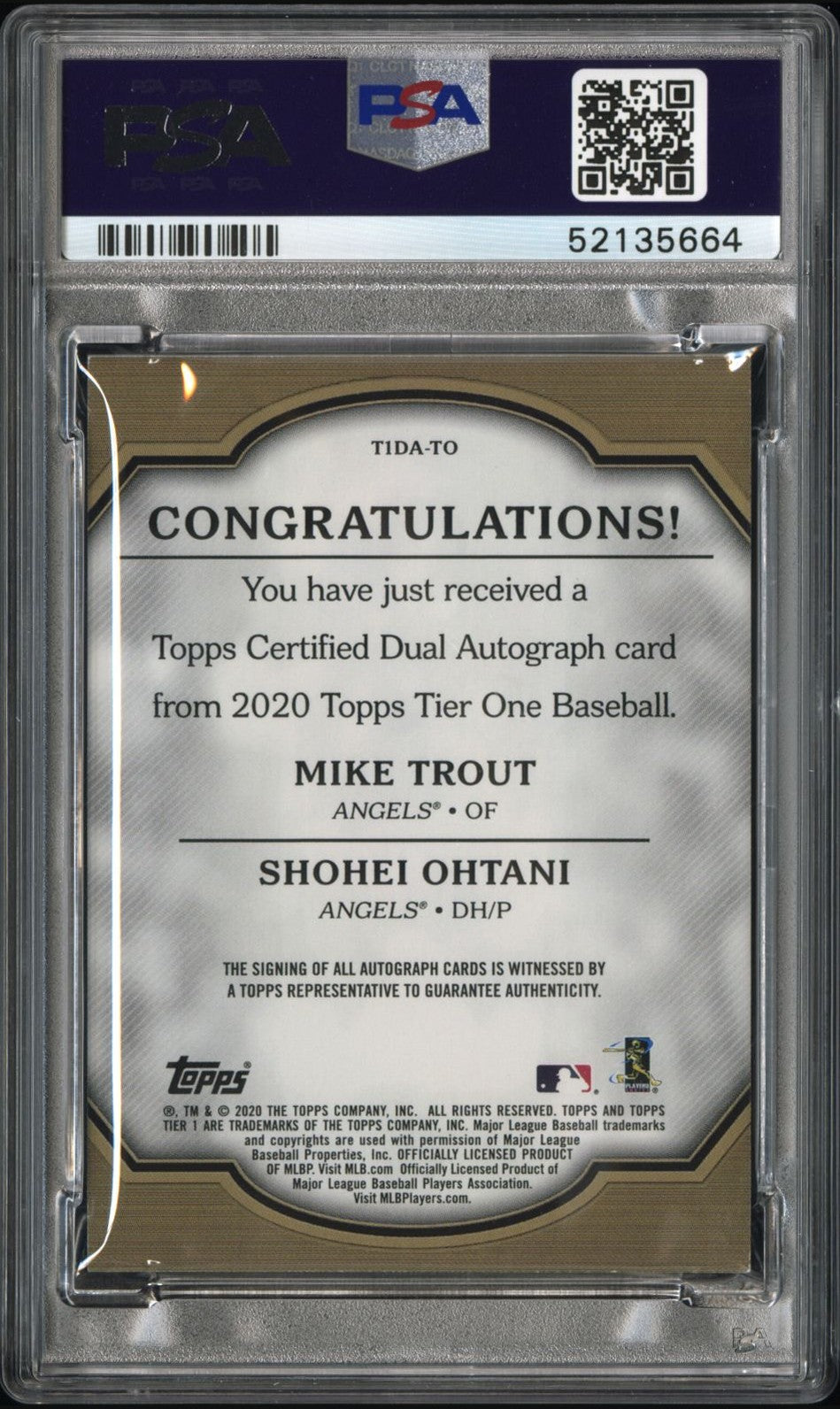 rear card 2020 TOPPS TIER ONE DUAL AUTOGRAPHS M.TROUT/S.OHTANI DUAL AUTOGRAPHS PSA MINT 9 