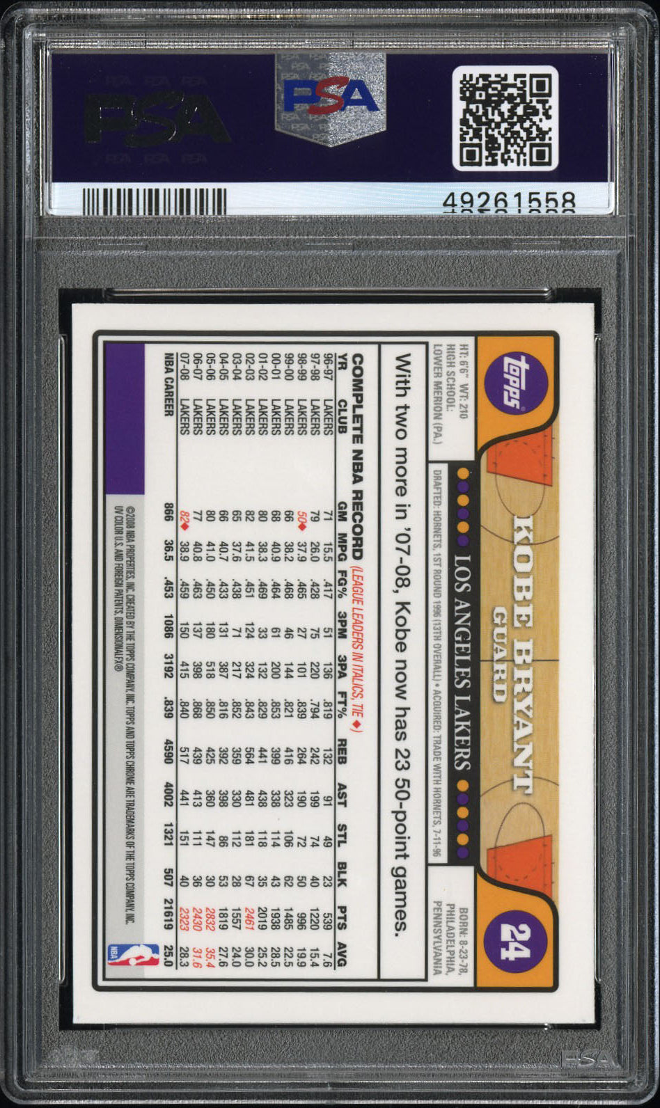rear card 2008 TOPPS CHROME KOBE BRYANT  PSA GEM MT 10 