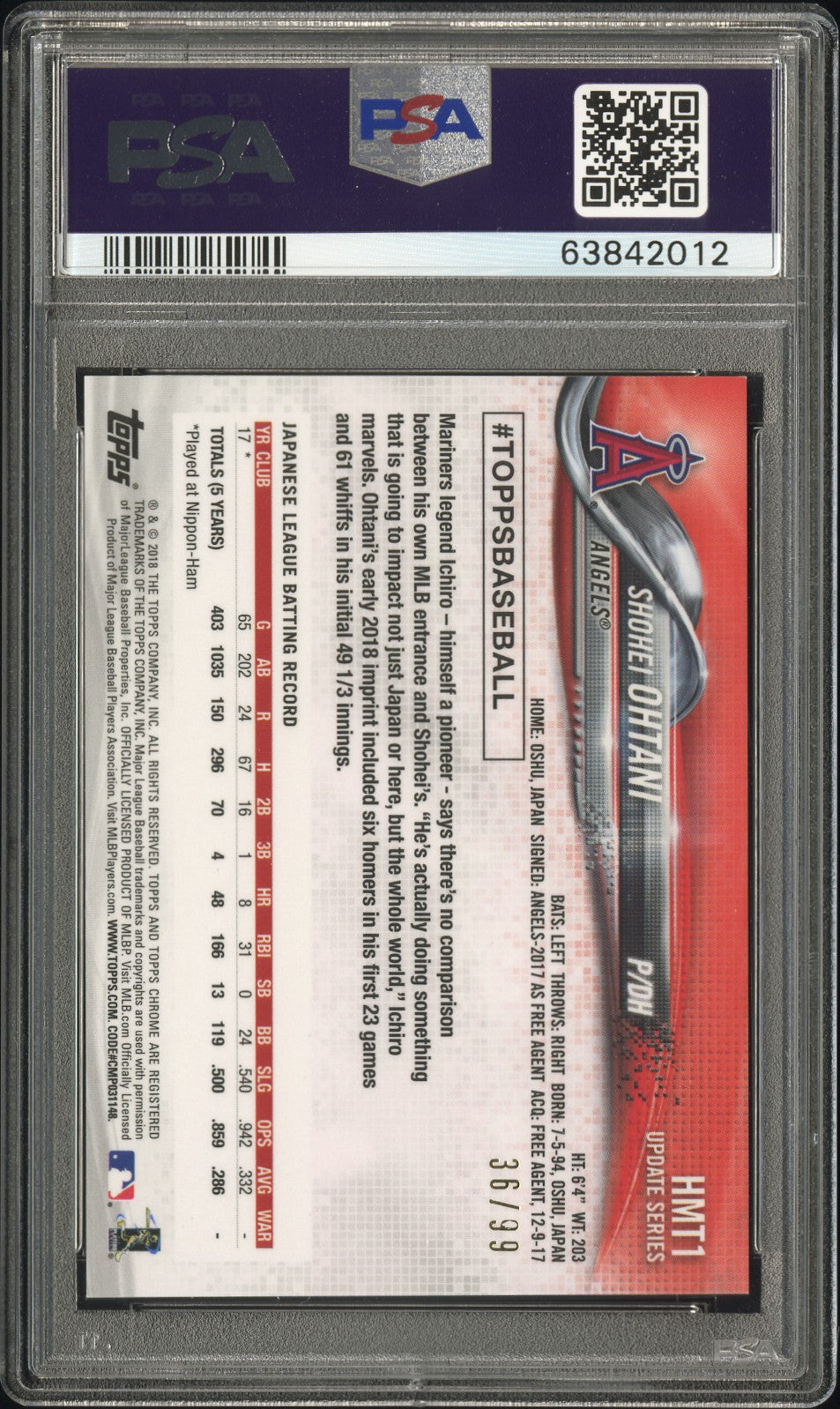 rear card 2018 TOPPS CHROME UPDATE SHOHEI OHTANI UPDATE-X-FRACTOR PSA GEM MT 10 