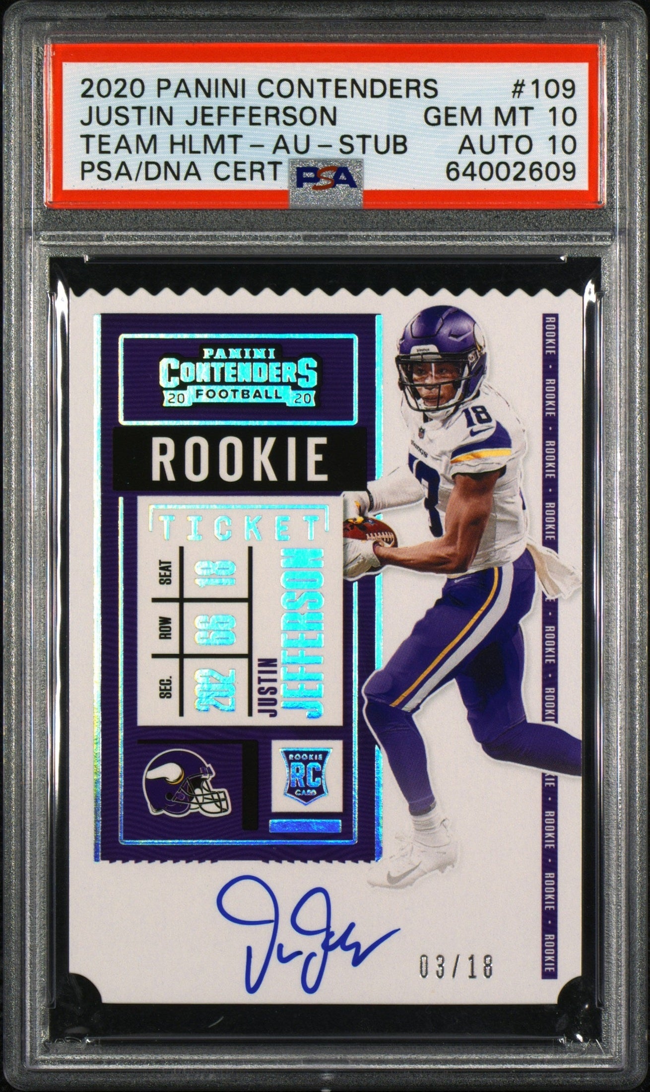 front card 2020 PANINI CONTENDERS JUSTIN JEFFERSON VARIATION-AUTOGRAPH-STUB PSA GEM MT 10 