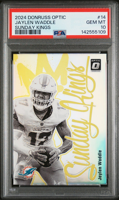 front card 2024 PANINI DONRUSS OPTIC SUNDAY KINGS JAYLEN WADDLE  PSA GEM MT 10 