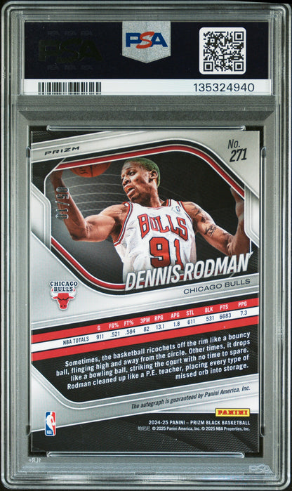 rear card 2024 PANINI PRIZM BLACK DENNIS RODMAN AUTO-GOLD SHIMMER FOTL PSA GEM MT 10 