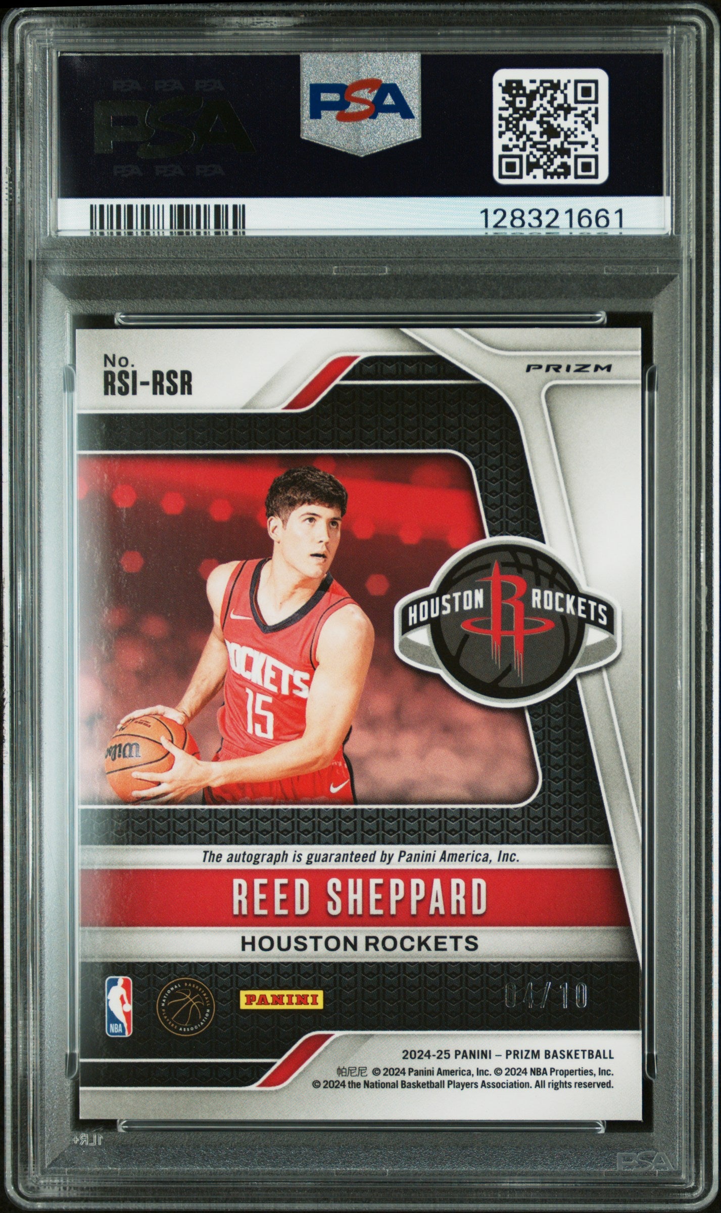 rear card 2024 PANINI PRIZM ROOKIE SIGNATURES REED SHEPPARD RK SIGNATURE-GOLD PRIZM PSA GEM MT 10 