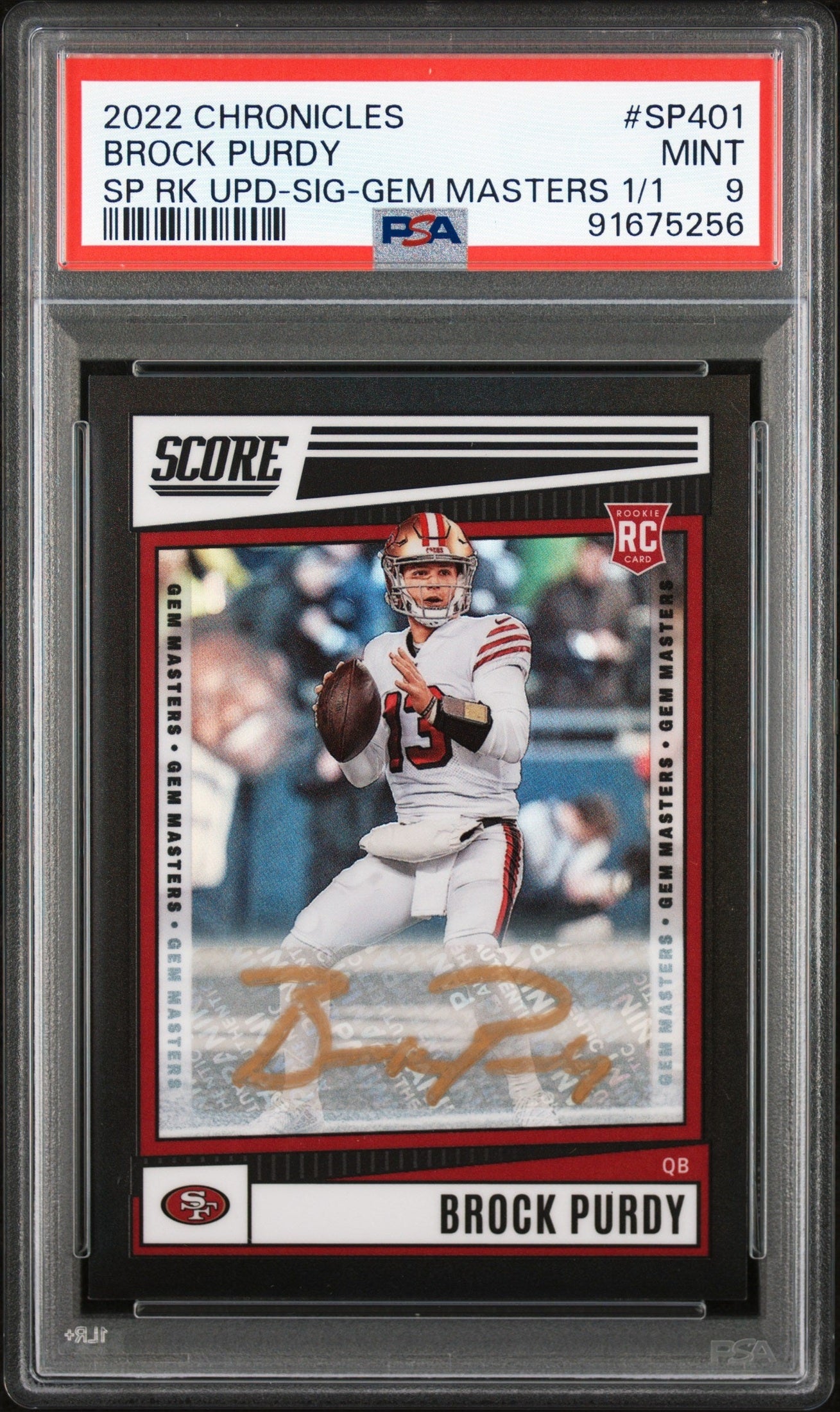 front card 2022 PANINI CHRONICLES SCORE PREMIUM ROOKIES UPDATE BROCK PURDY SP RK UPD-SIG-GEM MASTERS 1/1 PSA MINT 9 