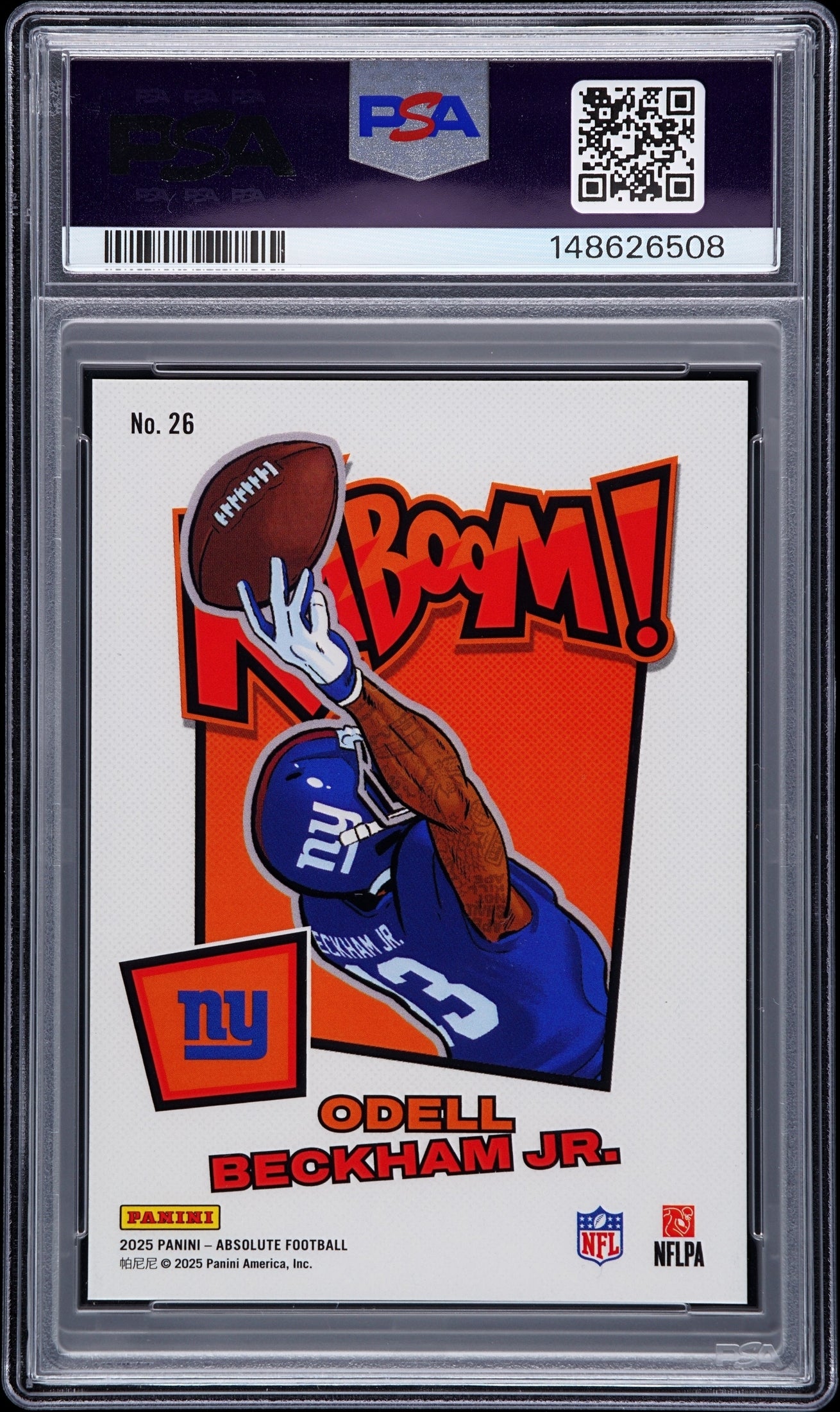 rear card 2025 PANINI ABSOLUTE KABOOM! VERTICAL ODELL BECKHAM JR. KABOOM! VERTICAL-GOLD PSA MINT 9 
