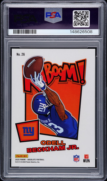 rear card 2025 PANINI ABSOLUTE KABOOM! VERTICAL ODELL BECKHAM JR. KABOOM! VERTICAL-GOLD PSA MINT 9 