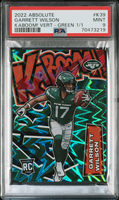 front card 2022 PANINI ABSOLUTE KABOOM! VERTICAL GARRETT WILSON KABOOM! VERT-GREEN 1/1 PSA MINT 9 