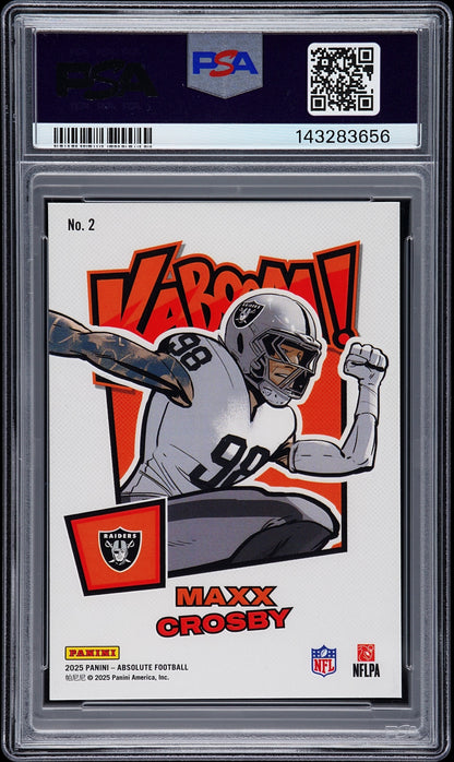 rear card 2025 PANINI ABSOLUTE KABOOM! HORIZONTAL MAXX CROSBY KABOOM! HORIZONTAL-GRN 1/1 PSA NM-MT 8 