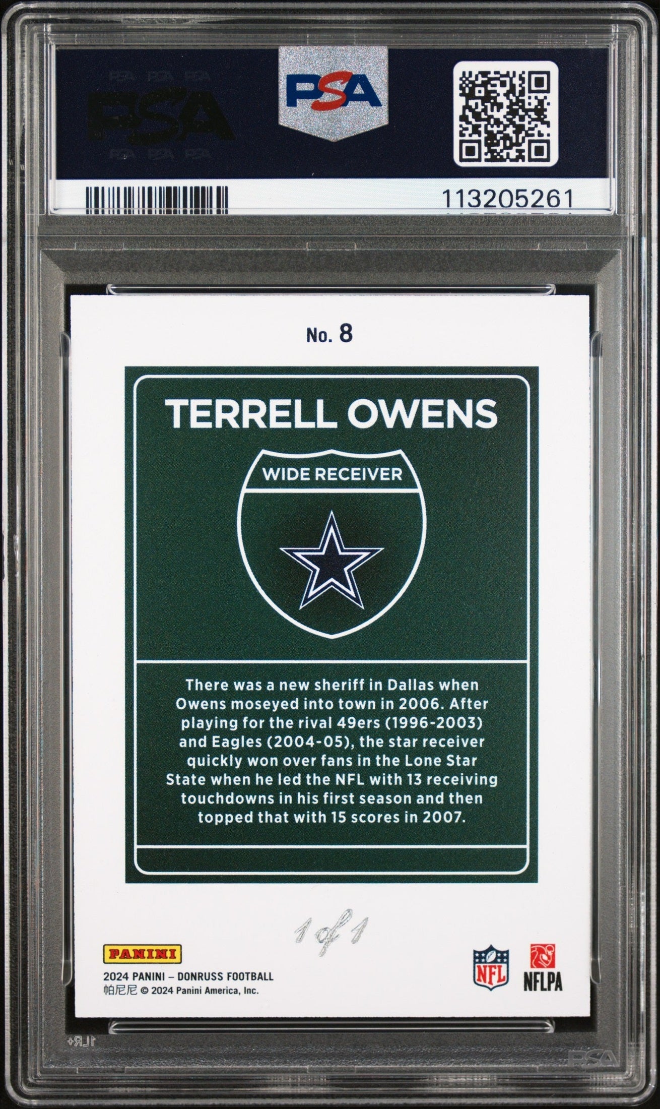rear card 2024 PANINI DONRUSS DOWNTOWN! TERRELL OWENS DOWNTOWN!-BLACK 1/1 PSA MINT 9 