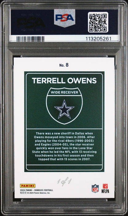 rear card 2024 PANINI DONRUSS DOWNTOWN! TERRELL OWENS DOWNTOWN!-BLACK 1/1 PSA MINT 9 