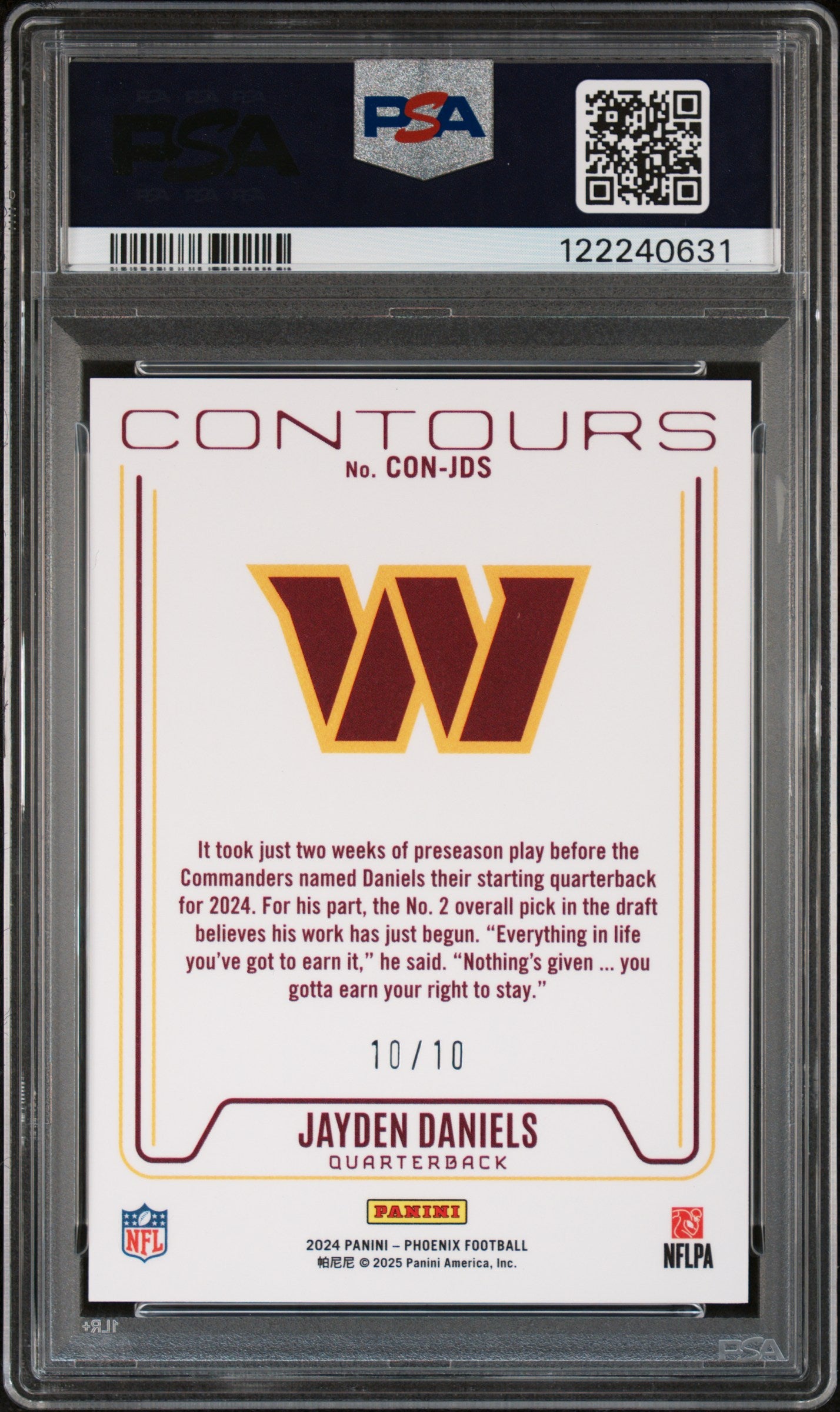 rear card 2024 PANINI PHOENIX CONTOURS JAYDEN DANIELS CONTOURS-GOLD PSA MINT 9 