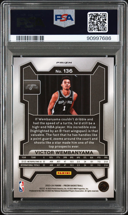 rear card 2023 PANINI PRIZM VICTOR WEMBANYAMA SILVER PRIZM PSA GEM MT 10 