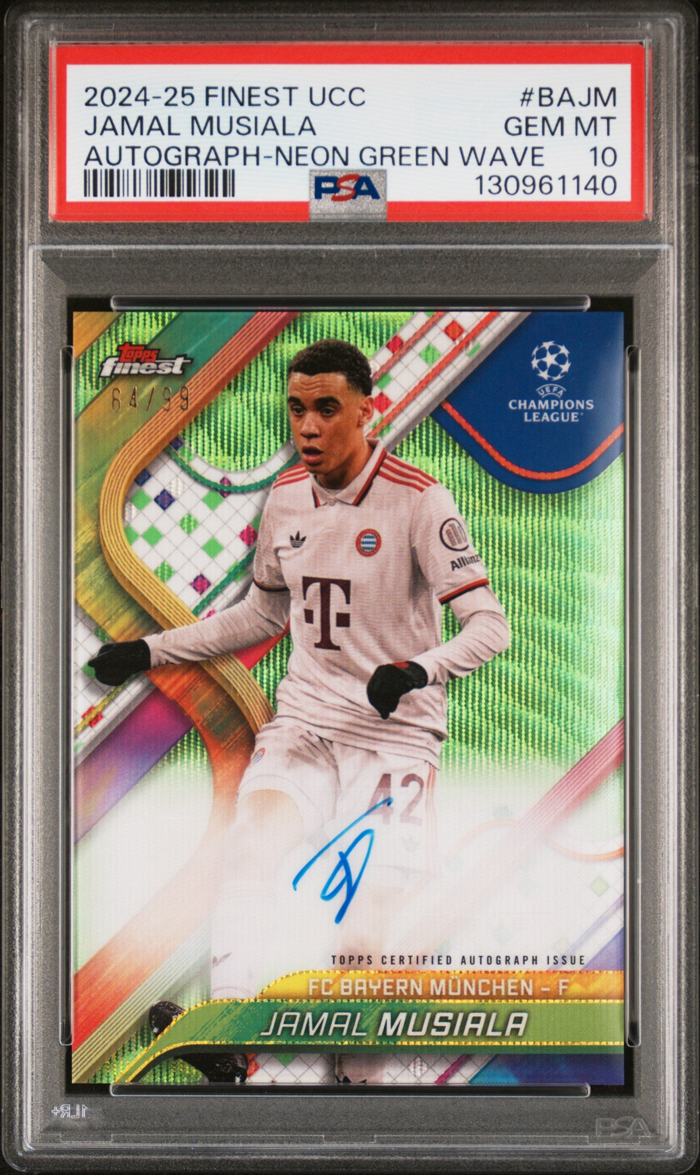 front card 2024-25 TOPPS FINEST UEFA CLUB COMPETITIONS AUTOGRAPHS JAMAL MUSIALA AUTOGRAPH-NEON GREEN WAVE PSA GEM MT 10 