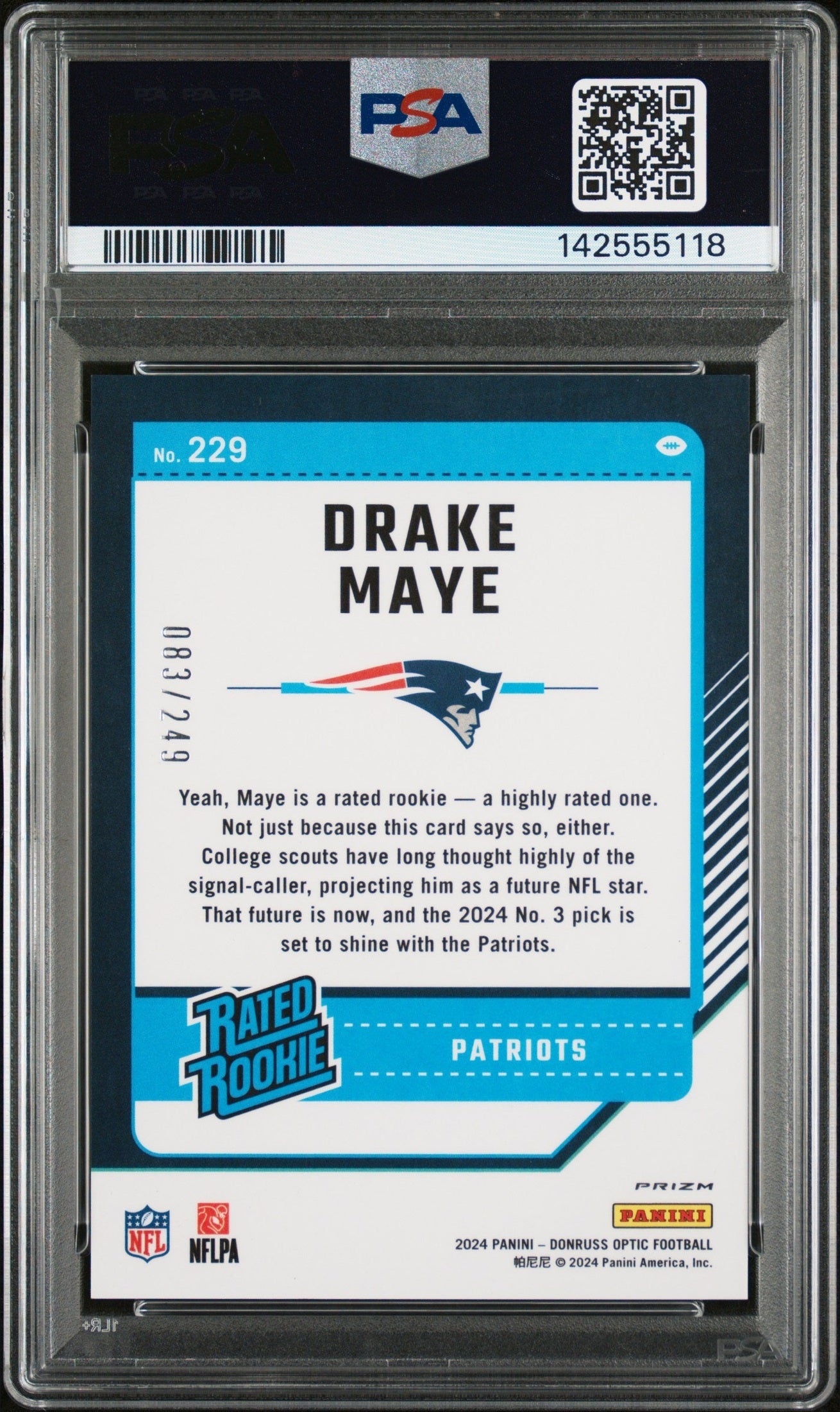 rear card 2024 PANINI DONRUSS OPTIC DRAKE MAYE ORANGE PSA GEM MT 10 