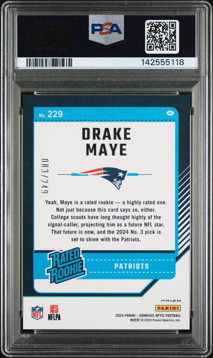 rear card 2024 PANINI DONRUSS OPTIC DRAKE MAYE ORANGE PSA GEM MT 10 